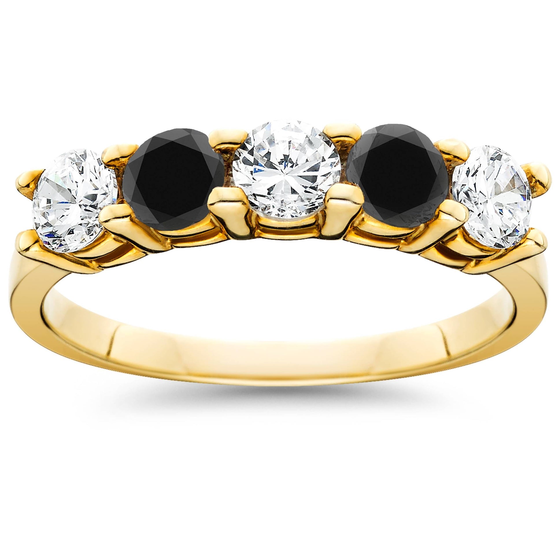1 1/4CT Black & White Diamond 5 Stone Wedding Ring 10K Yellow Gold