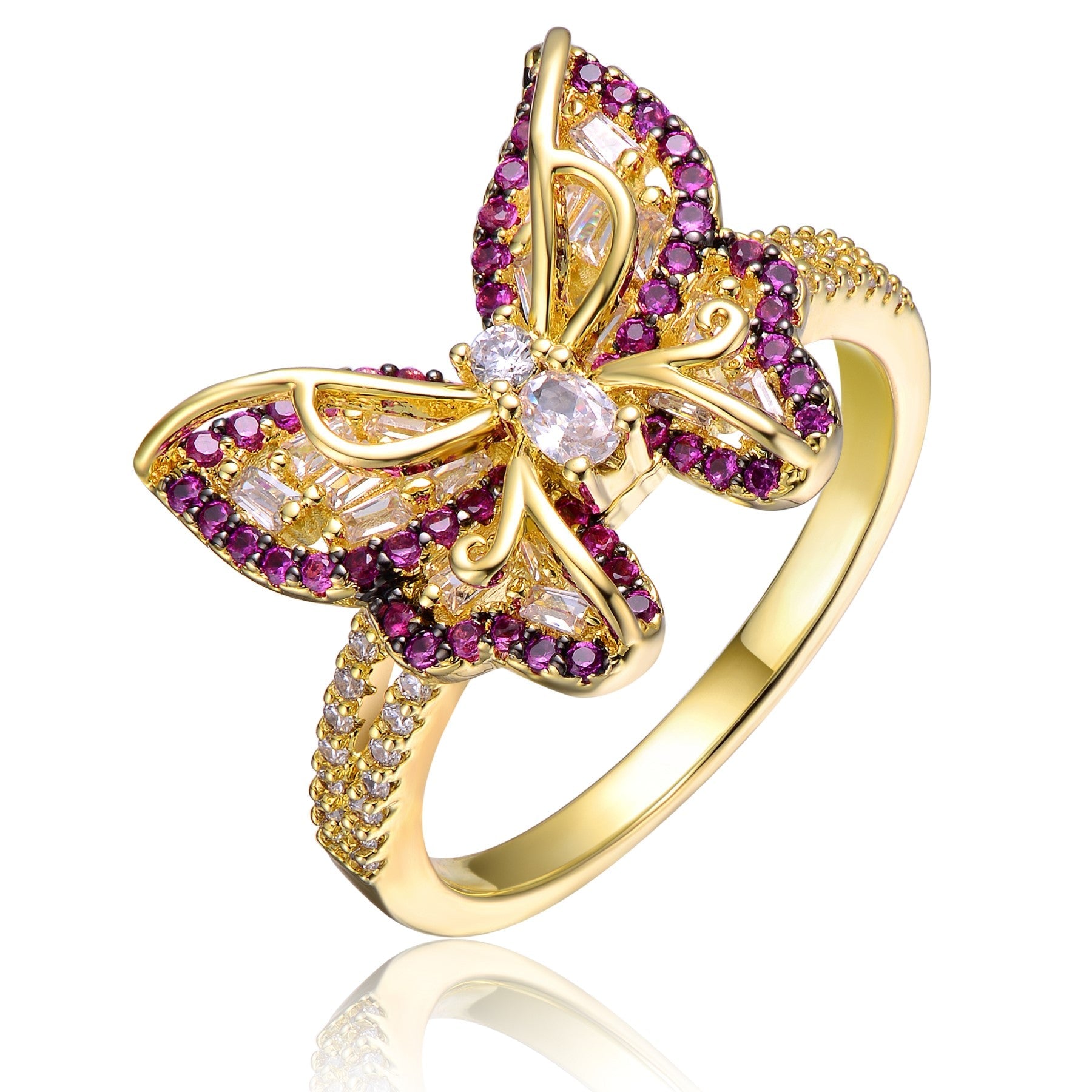 RG Young Adults/Teens 14k Yellow Gold Plated with Amethyst & Cubic Zirconia Butterfly Split Top Ring