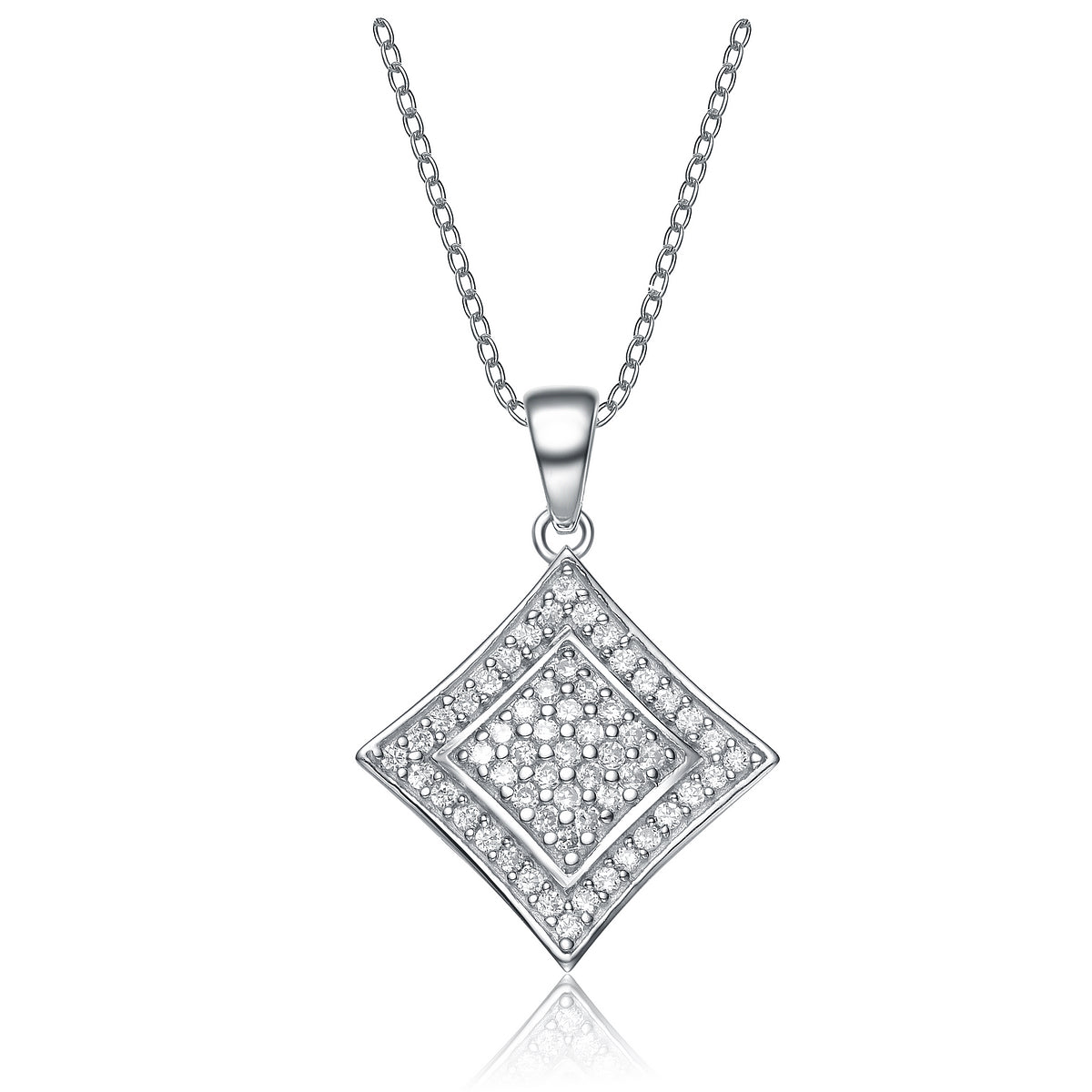 Gv C.z. Sterling Silver Rhodium Plated Square Shape Drop Pendant