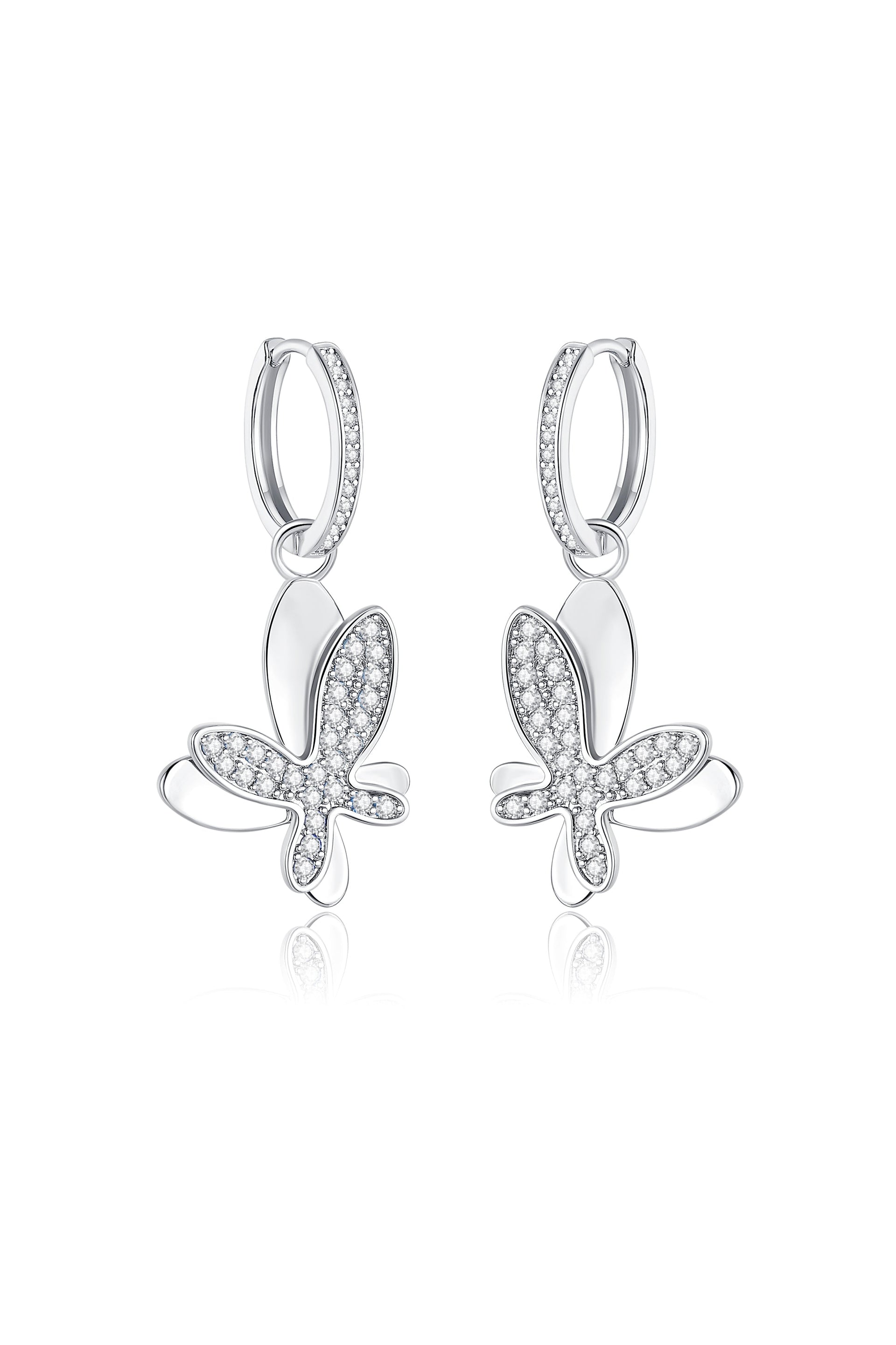 Silver Pavé Diamond Butterfly Dangle Drop Hoop Earrings