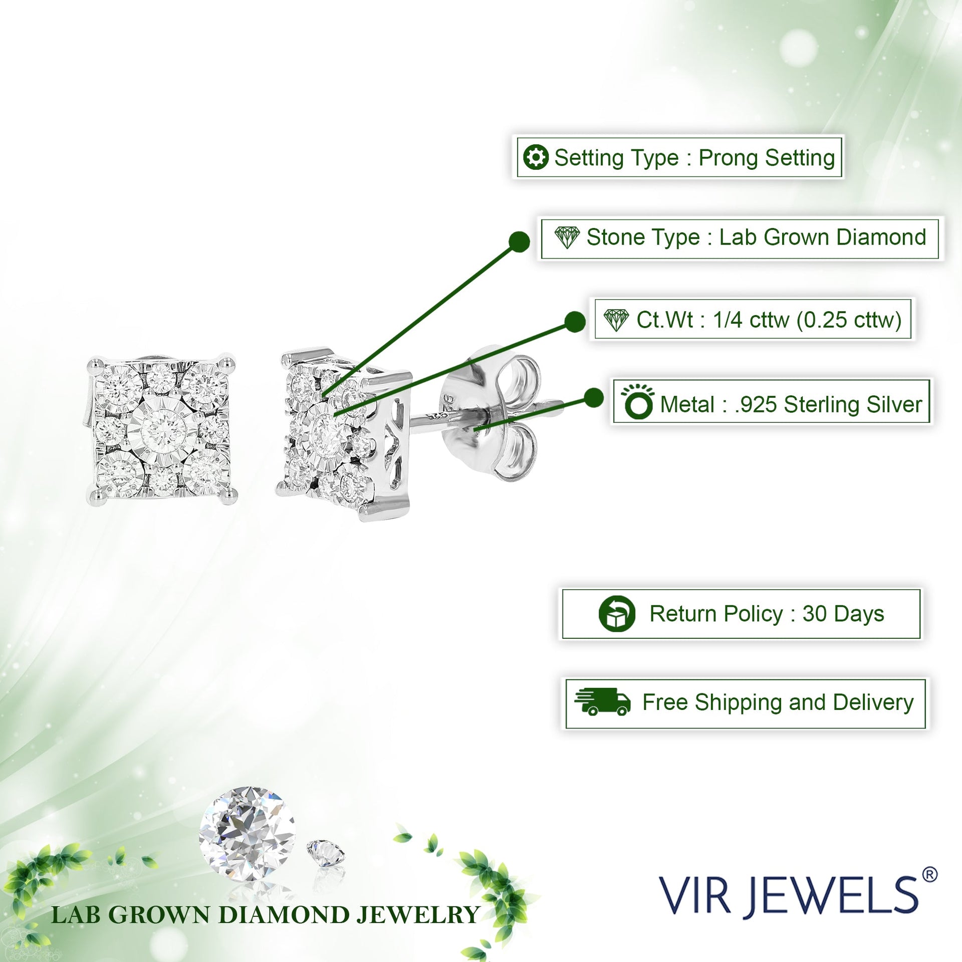 1/4 cttw 18 Stones Round Lab Grown Diamond Studs Earrings .925 Sterling Silver Prong Set Square Shape