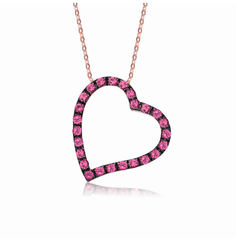 Sterling Silver With Rose Gold And Black Plated Pink Round Cubic Zirconia Open Heart Necklace