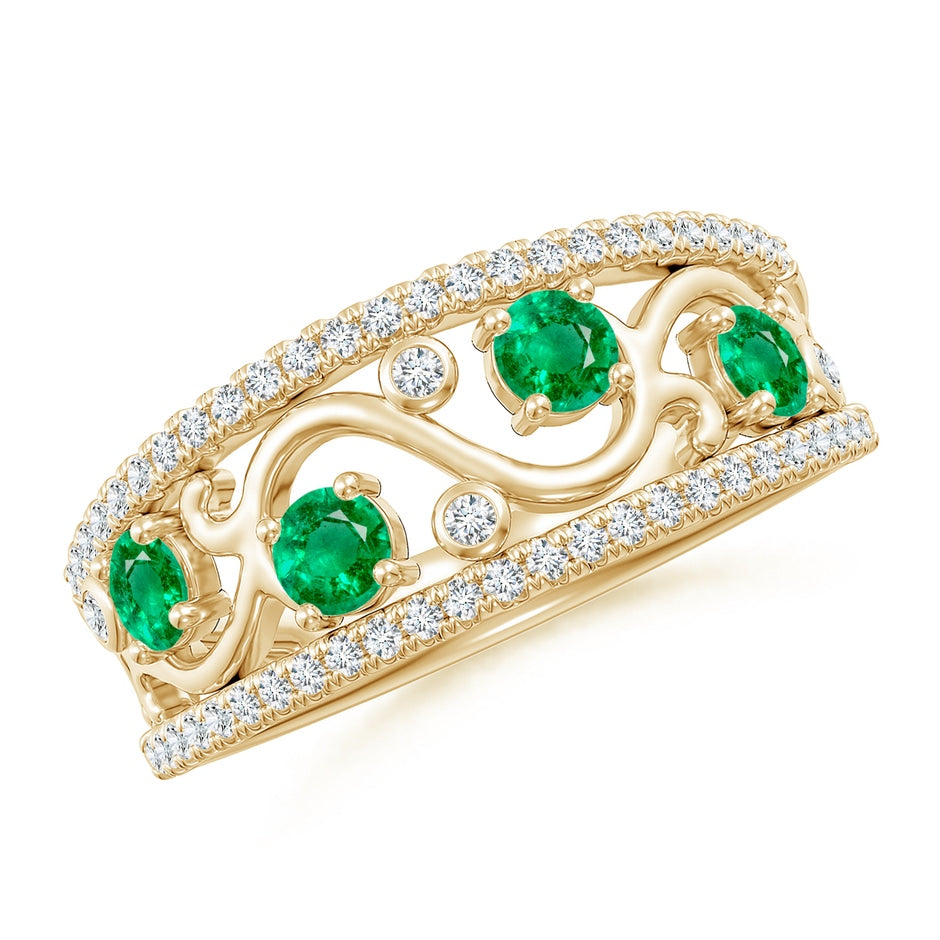 Nature Inspired Round Emerald & Diamond Filigree Ring