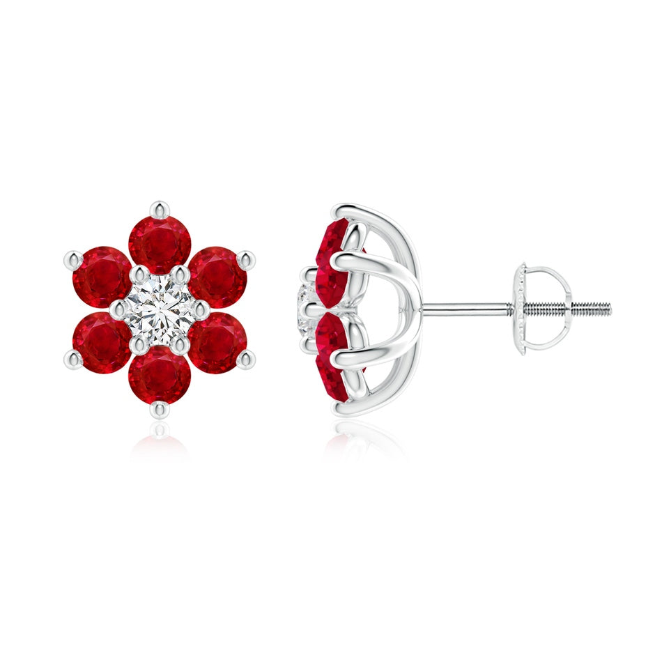 Six Petal Diamond and Ruby Flower Stud Earrings