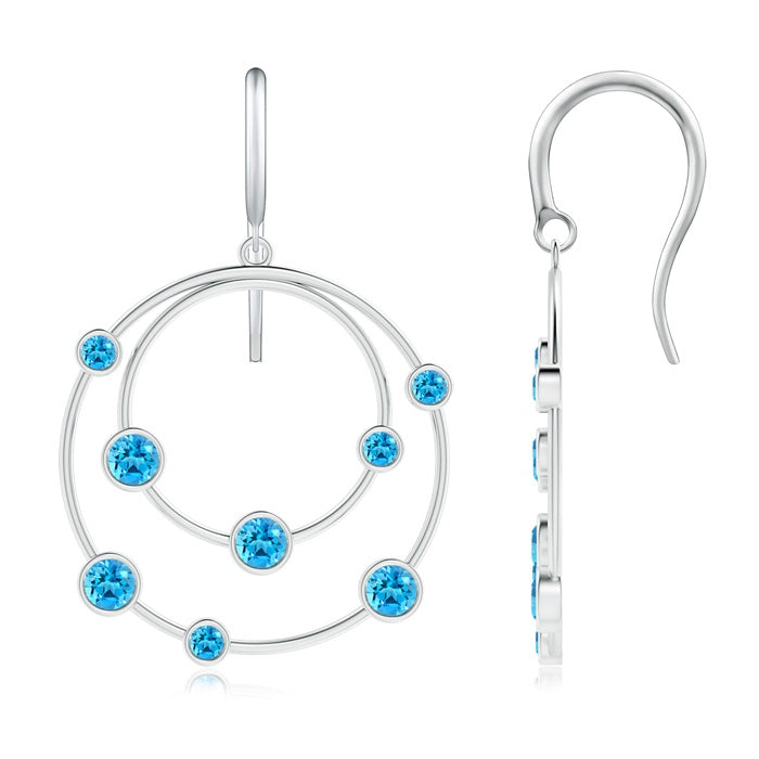 Scattered Bezel Swiss Blue Topaz Twin Circle Earrings