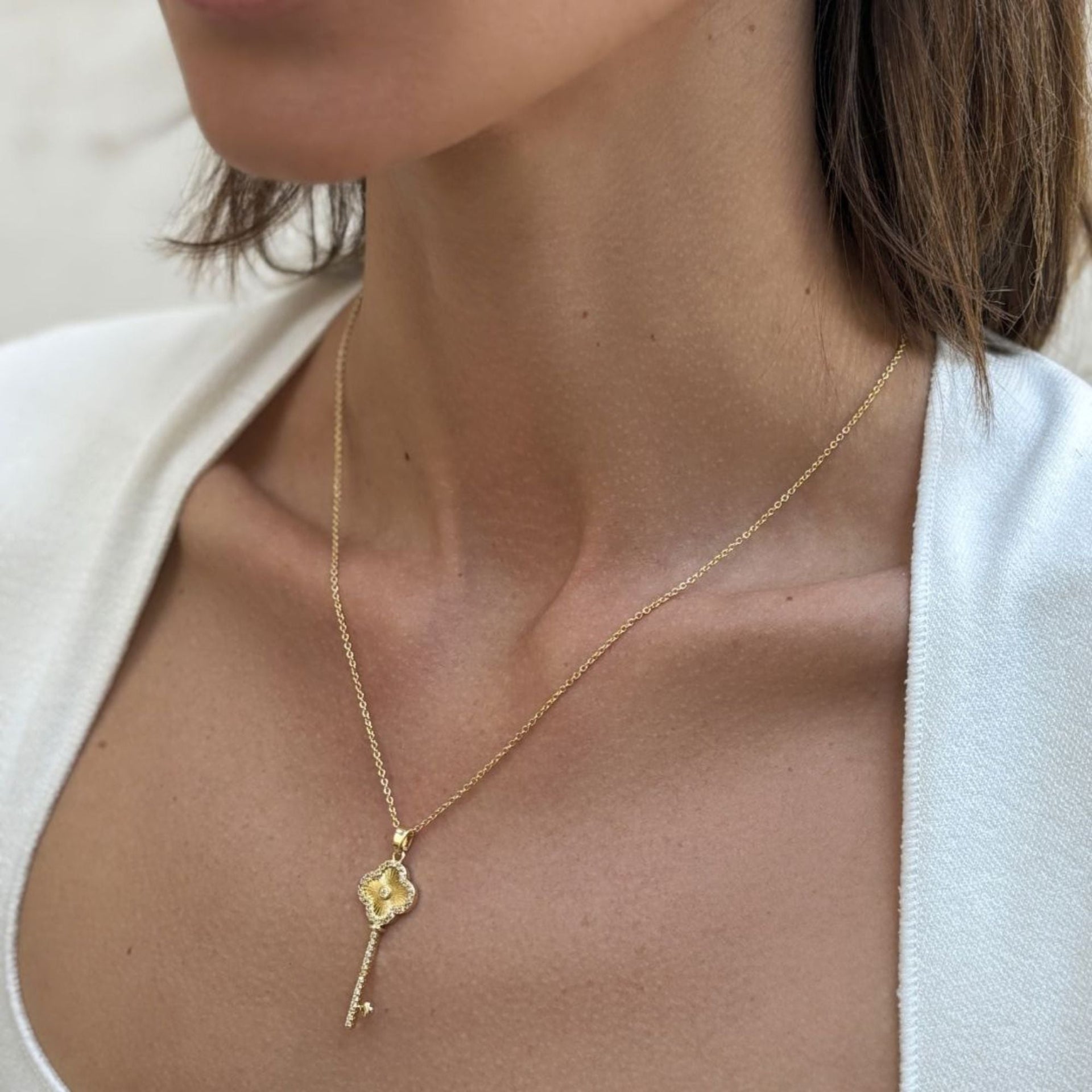 14k Gold Plated Pave Clover Key Pendant Necklace