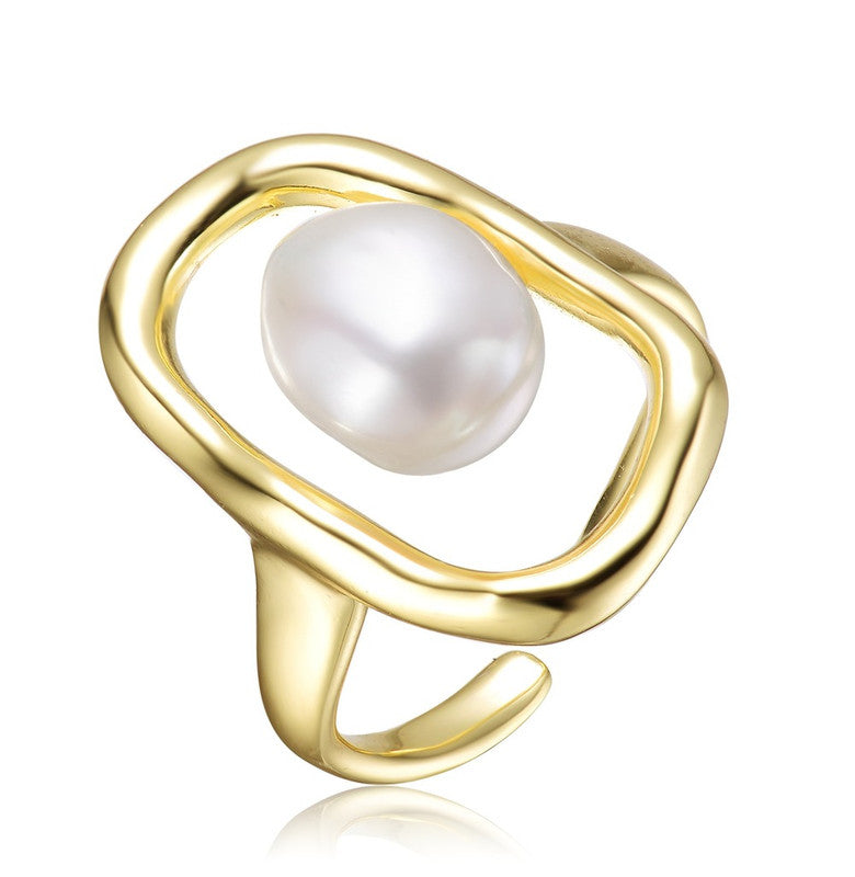 Sterling Silver 14k Gold Plated with Genuine Freshwater Pearl Outline Framed Ring