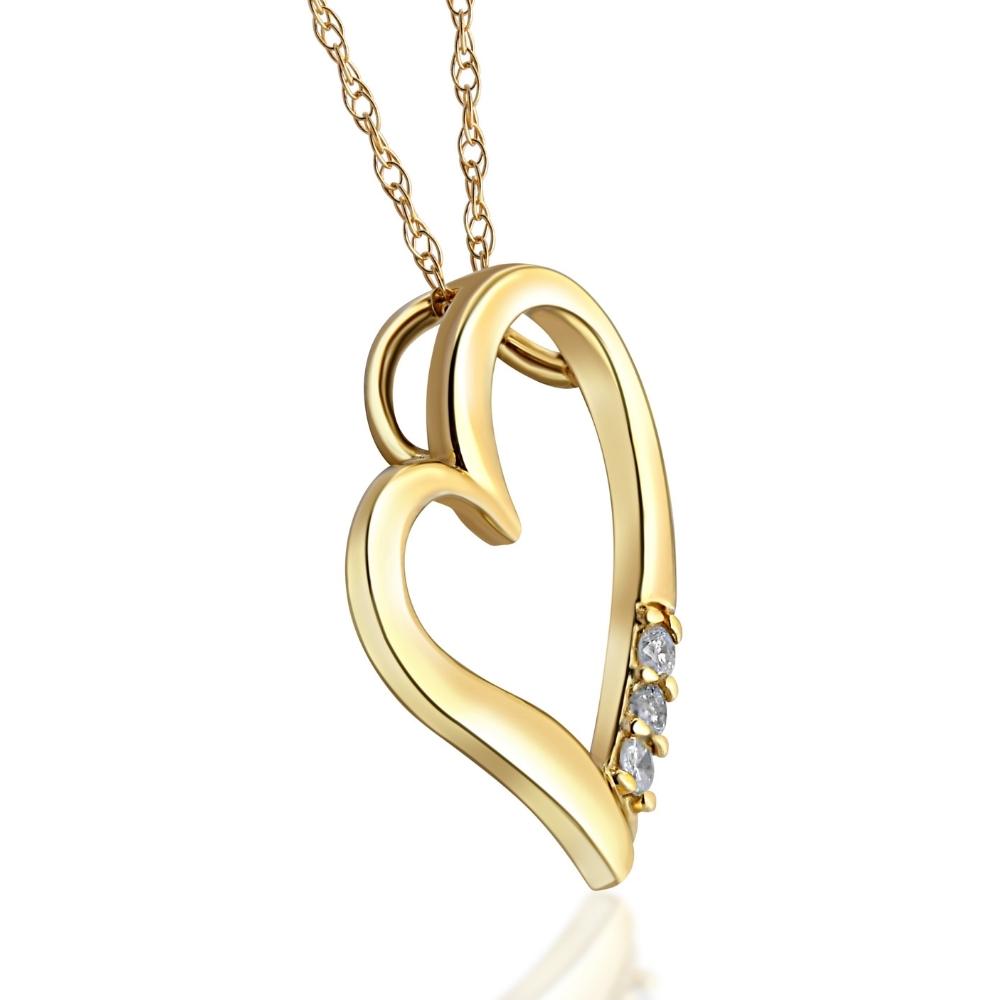 Diamond Heart Pendant Necklace 3-Stone 10K Yellow Gold