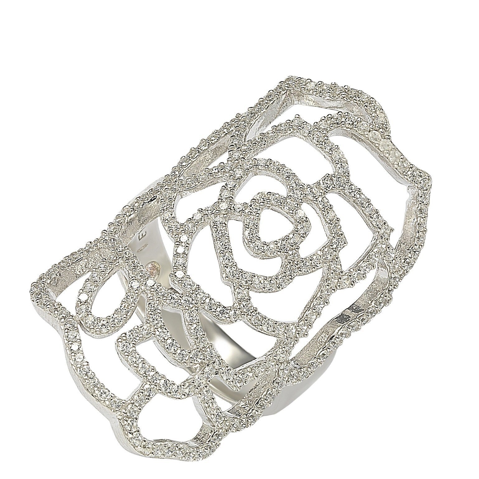 Suzy Levian Sterling Silver White Cubic Zirconia Knuckle Flower Ring