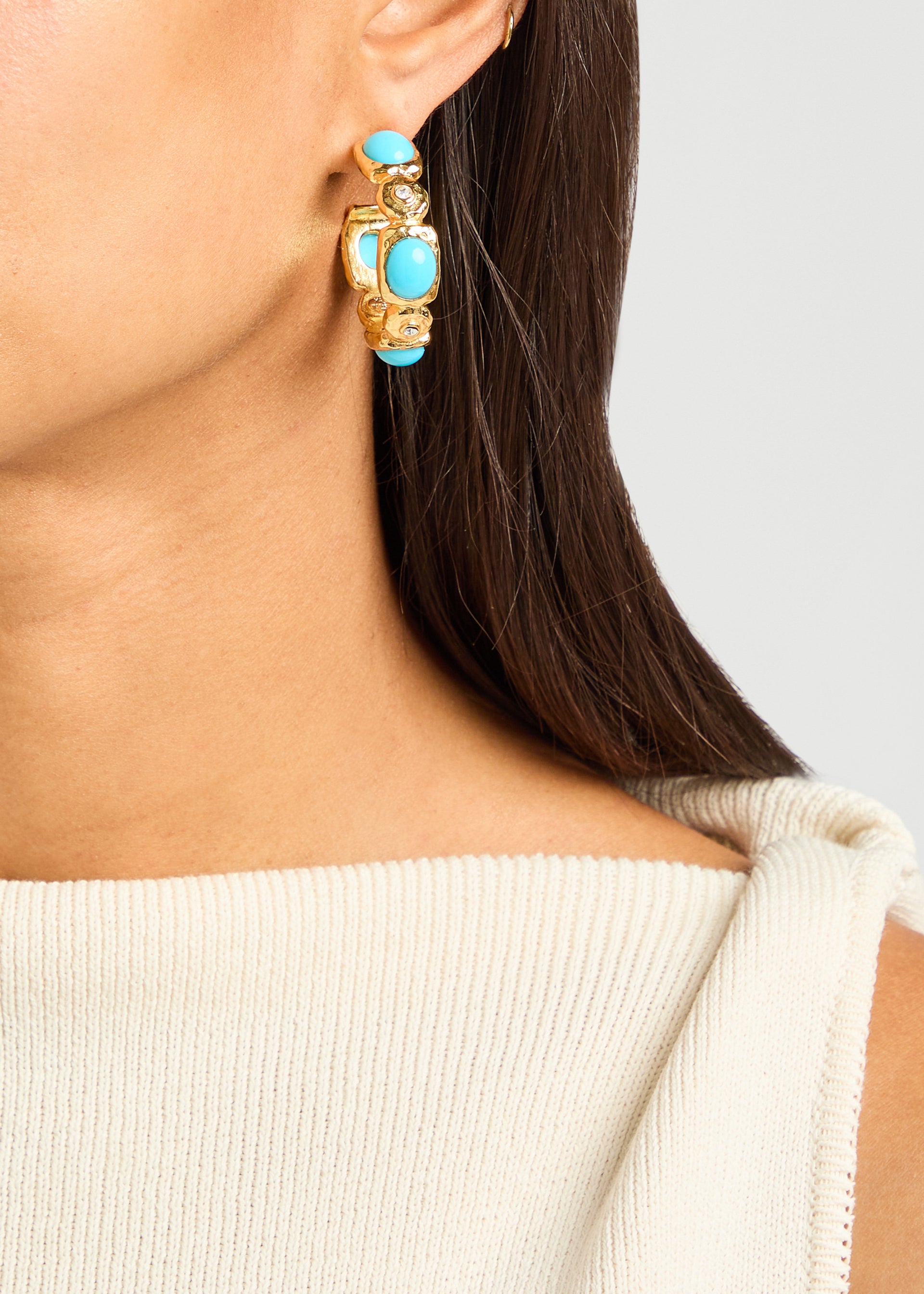Cabochon 22kt gold-plated hoop earrings