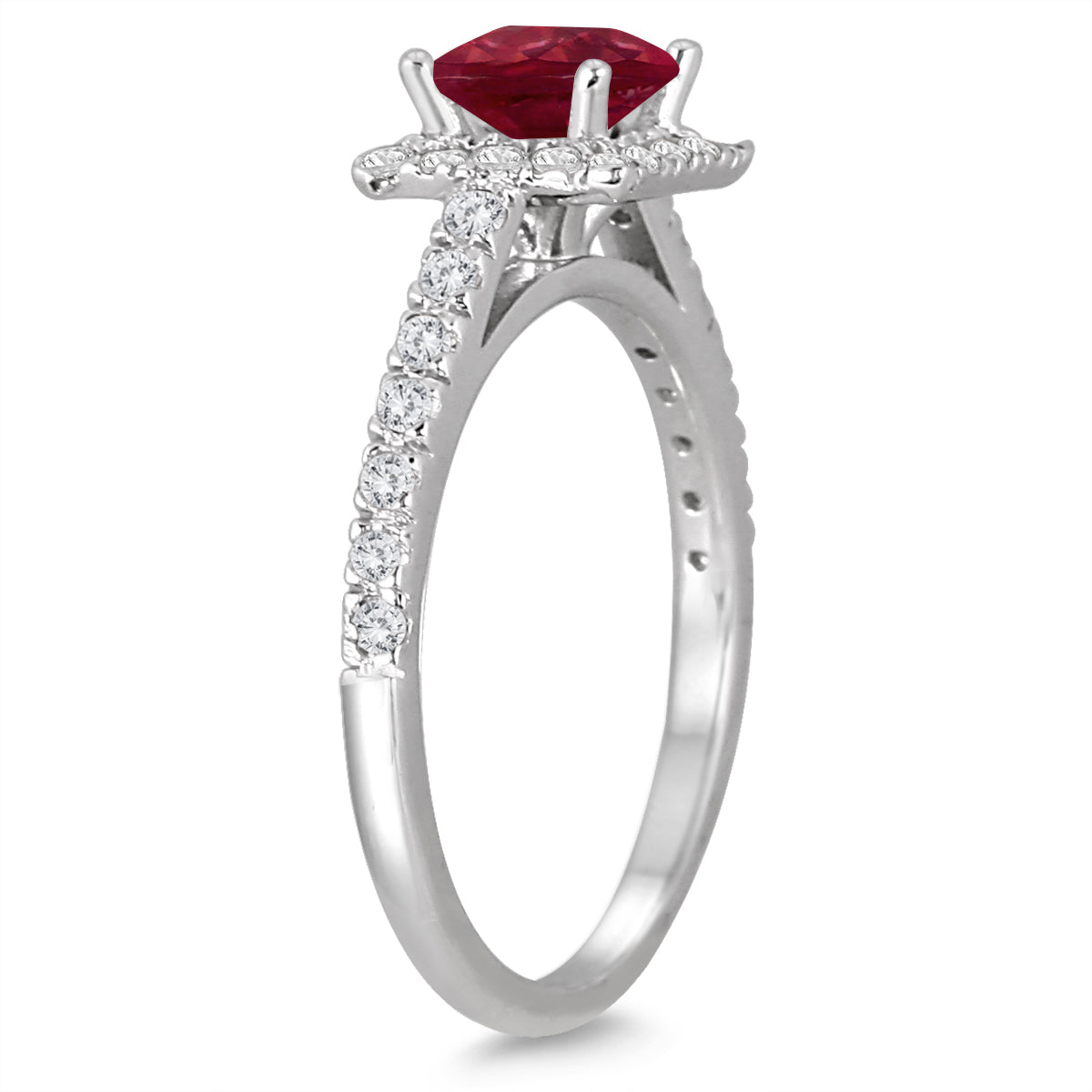 1 Carat TW Princess Cut Ruby And Diamond Halo Engagement Ring In 14K White Gold