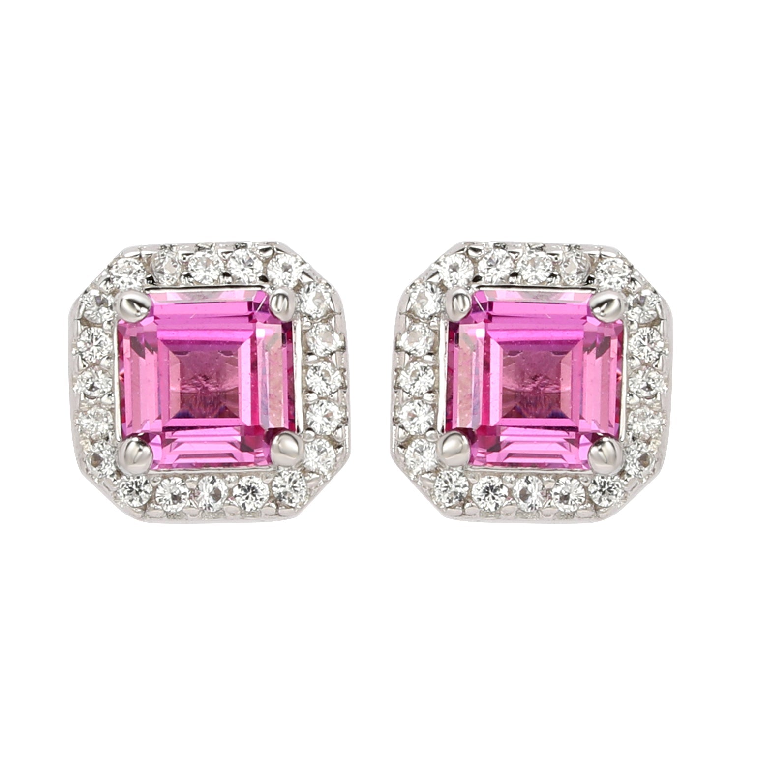 Suzy Levian Sterling Silver Assher Cut Pink Sapphire Halo Stud Earrings