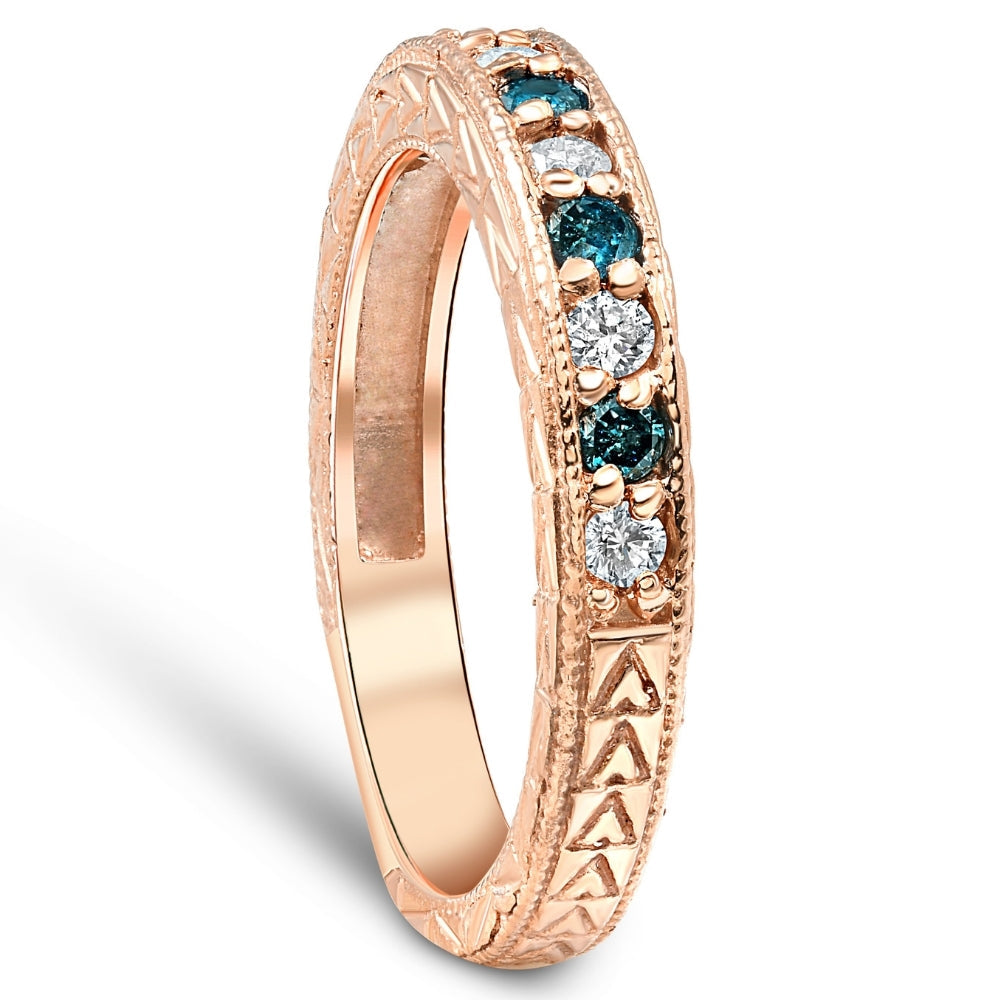 1/4CT Blue & White Diamond Vintage Wedding Anniversary Ring 14K Rose Gold
