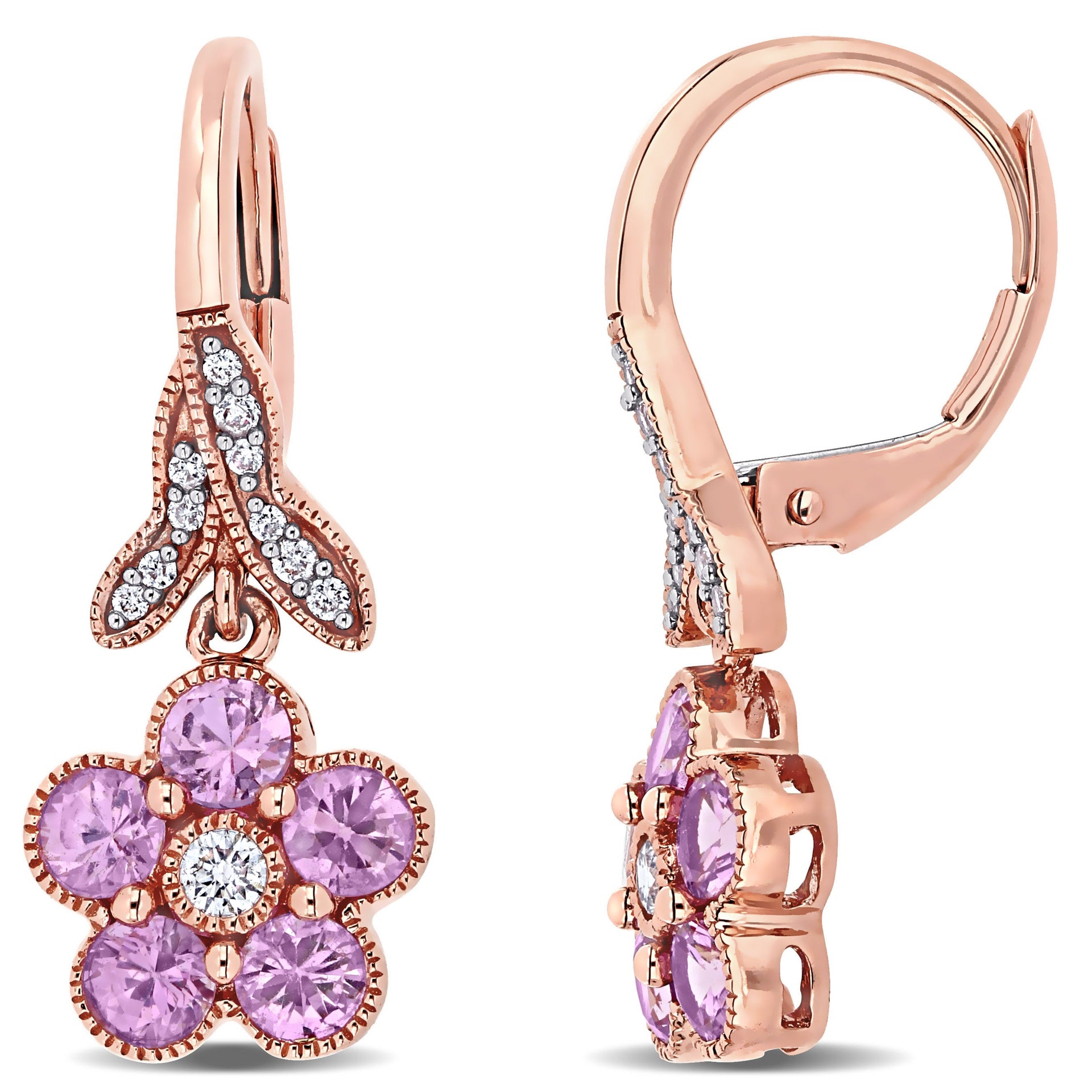 Pink Sapphire and 1/7ct TW Diamond Flower Leverback Earrings in 14k Rose Gold