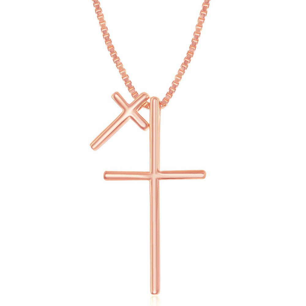 Sterling Silver Double Cross Necklace - Rose Gold Plated