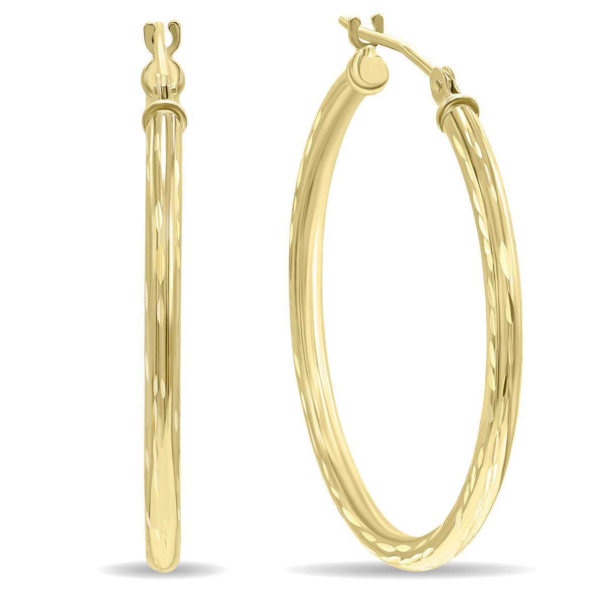 14K Yellow Gold Shiny Diamond Cut Engraved Hoop Earrings 30mm