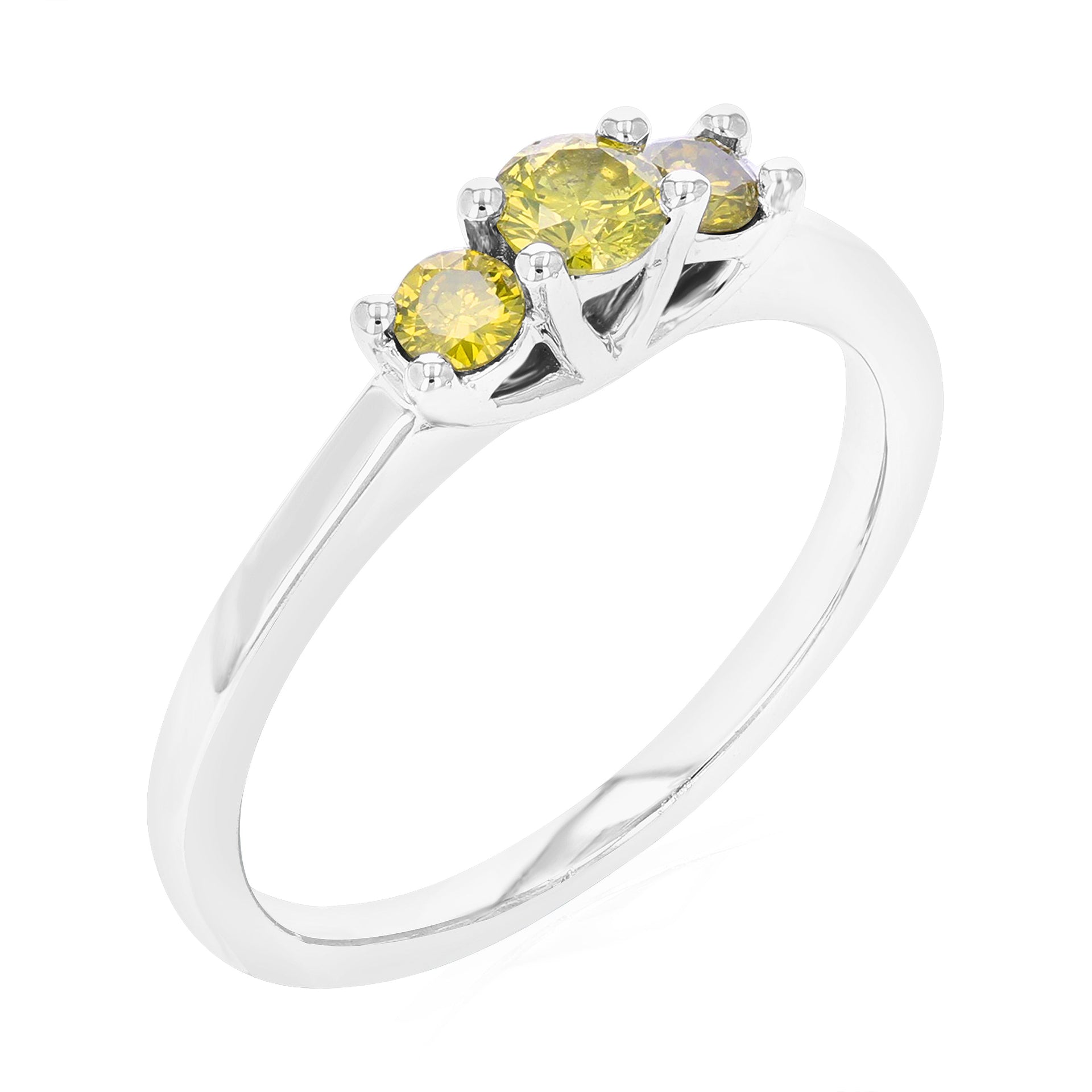 3/8 Cttw 3 Stone Round Yellow Diamond Engagement Ring .925 Sterling Silver Prong Set