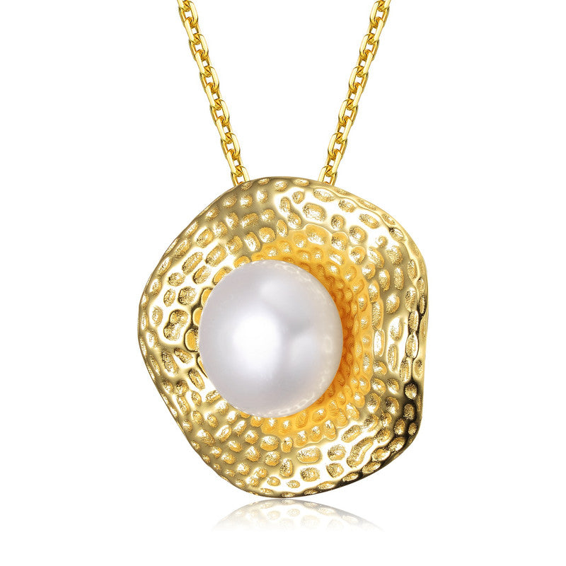 Sterling Silver Gold Plated Freshwater Pearl Hammered Pendant Necklace