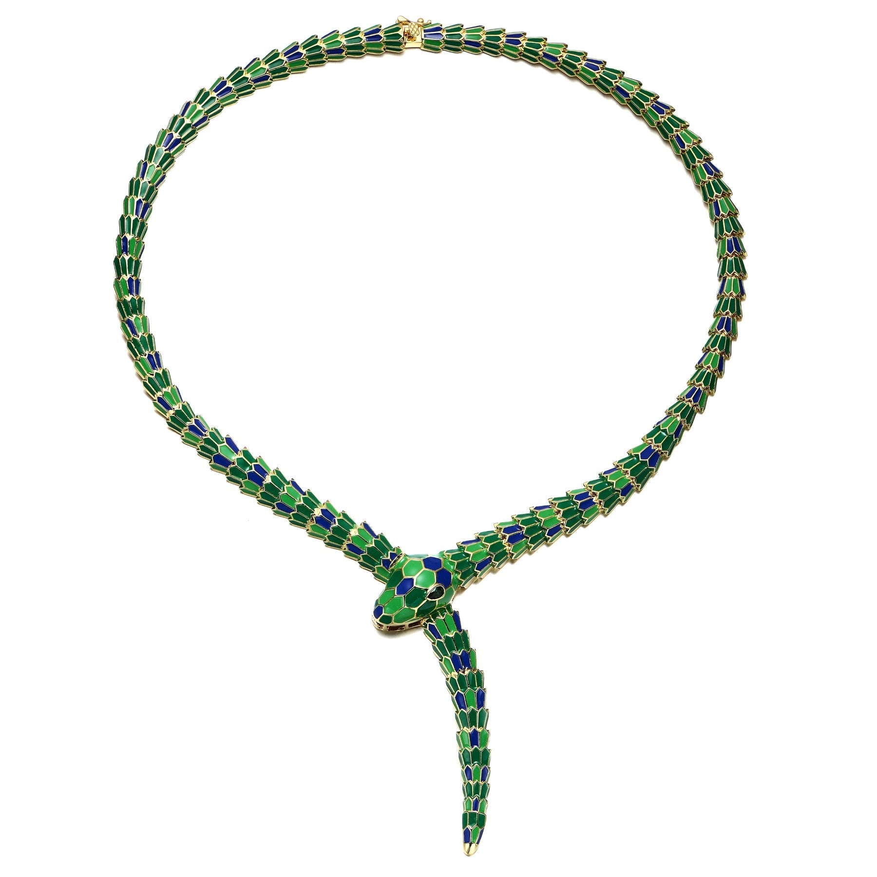 RG 14k Yellow Gold Plated with Emerald Cubic Zirconia Blue & Green Enamel Coiled Serpent Snake Stiff Collar Necklace