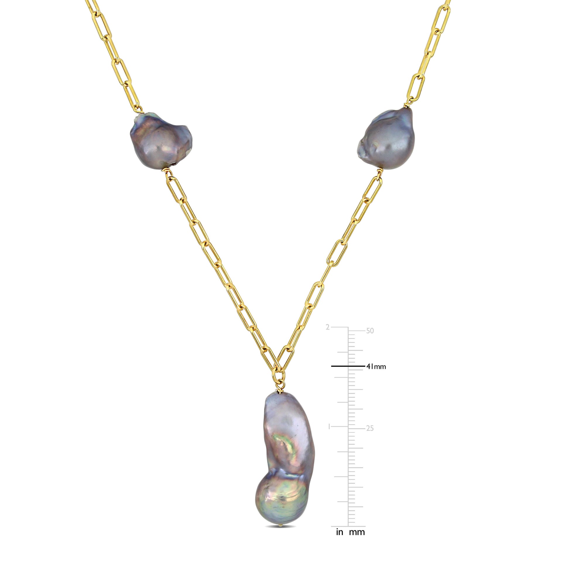 13-15 MM Grey Cultured Freshwater Baroque Pearl Lariat Necklace in 18k Yellow Gold Plated Sterling Silver