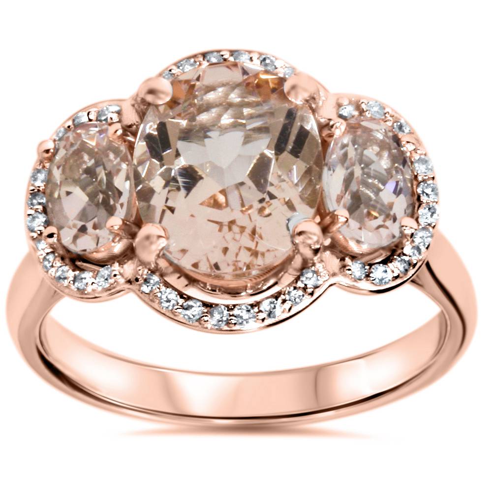 2 3/4ct Morganite 3 Stone Diamond Oval Halo Ring 14K Rose Gold