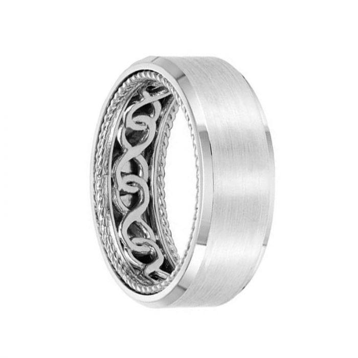 14k White Gold Wedding Band Rope Infinity Inner Design Beveled Brushed Finish by Artcarved - 8 mm