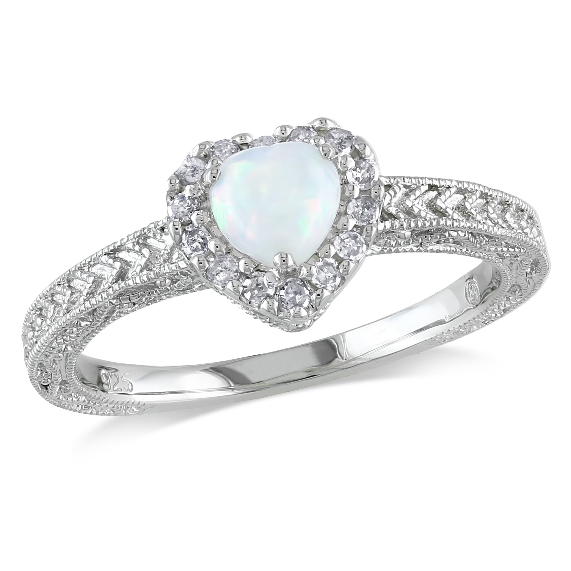 Mimi & Max 1/7ct TDW Diamond and Opal Heart Halo Ring in Sterling Silver