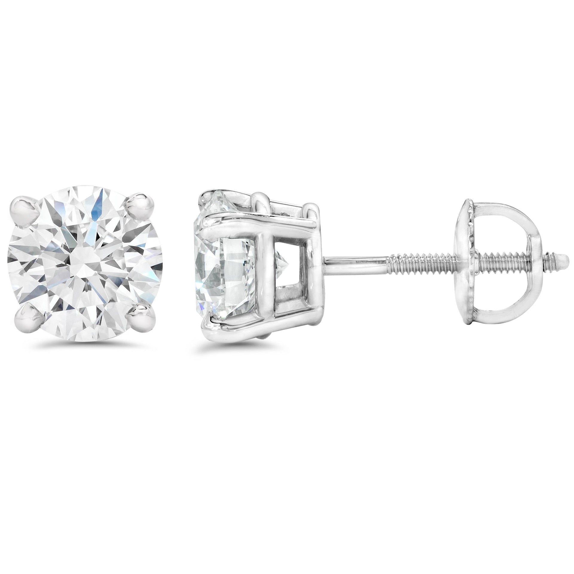 3ct Round Diamond Studs W/ Screw Back 14K White Gold