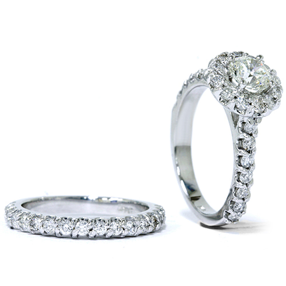 1 7/8 ct Halo Diamond Engagement Ring Set 14K White Gold