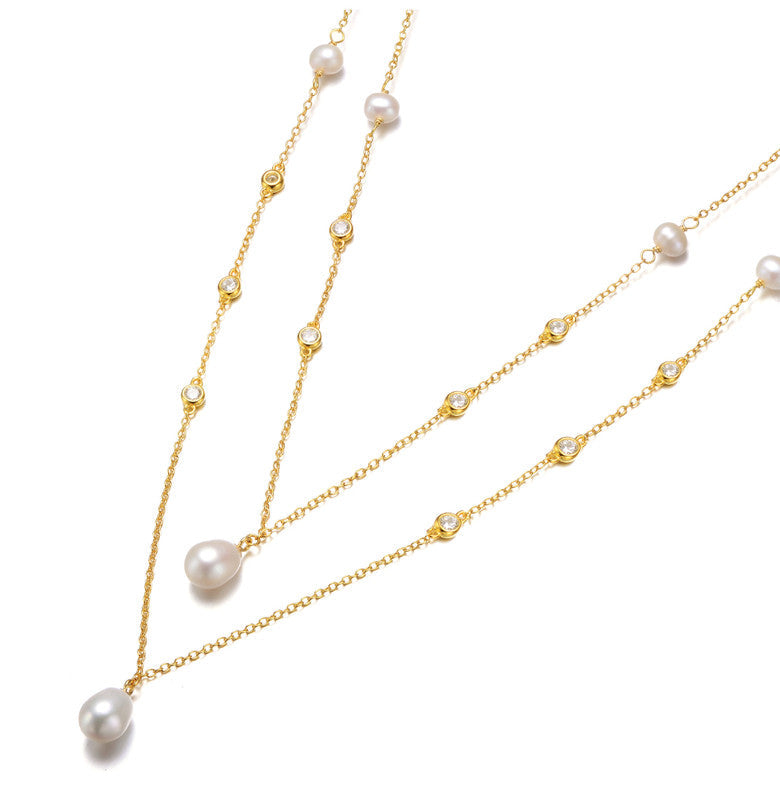 Sterling Silver 14k Gold Plated With Freshwater Pearl Layered Necklace