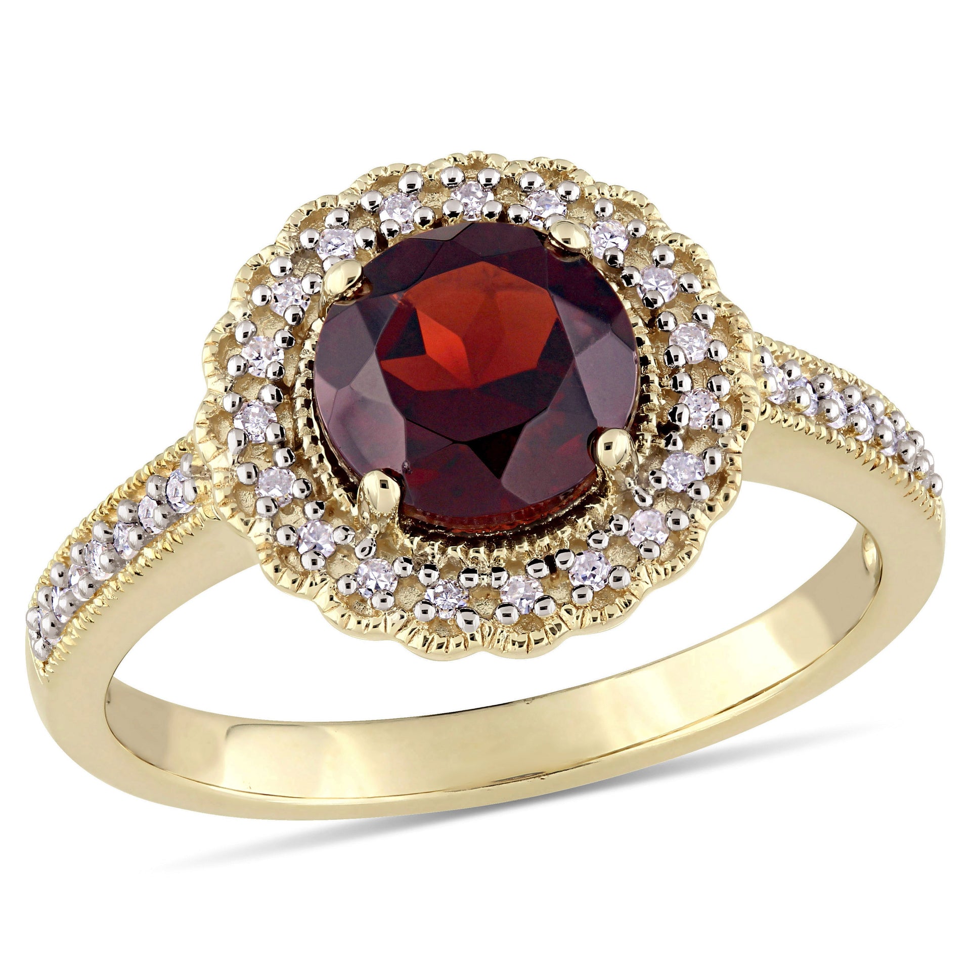1/8 CT TW Diamond and Garnet Halo Ring in Yellow Plated Sterling Silver