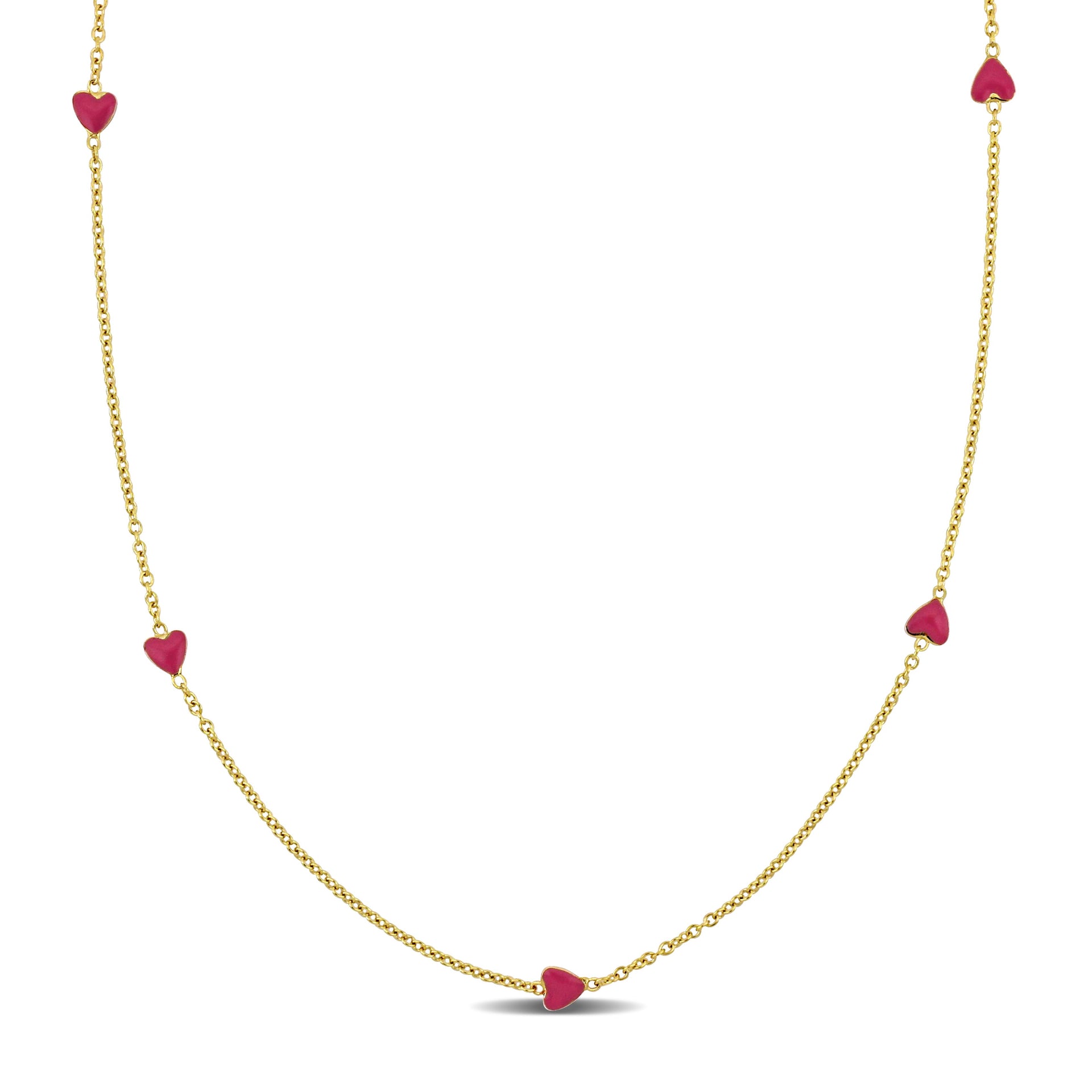 Mimi & Max Pink Enamel Heart Station Necklace in 14k Yellow Gold - 15 in