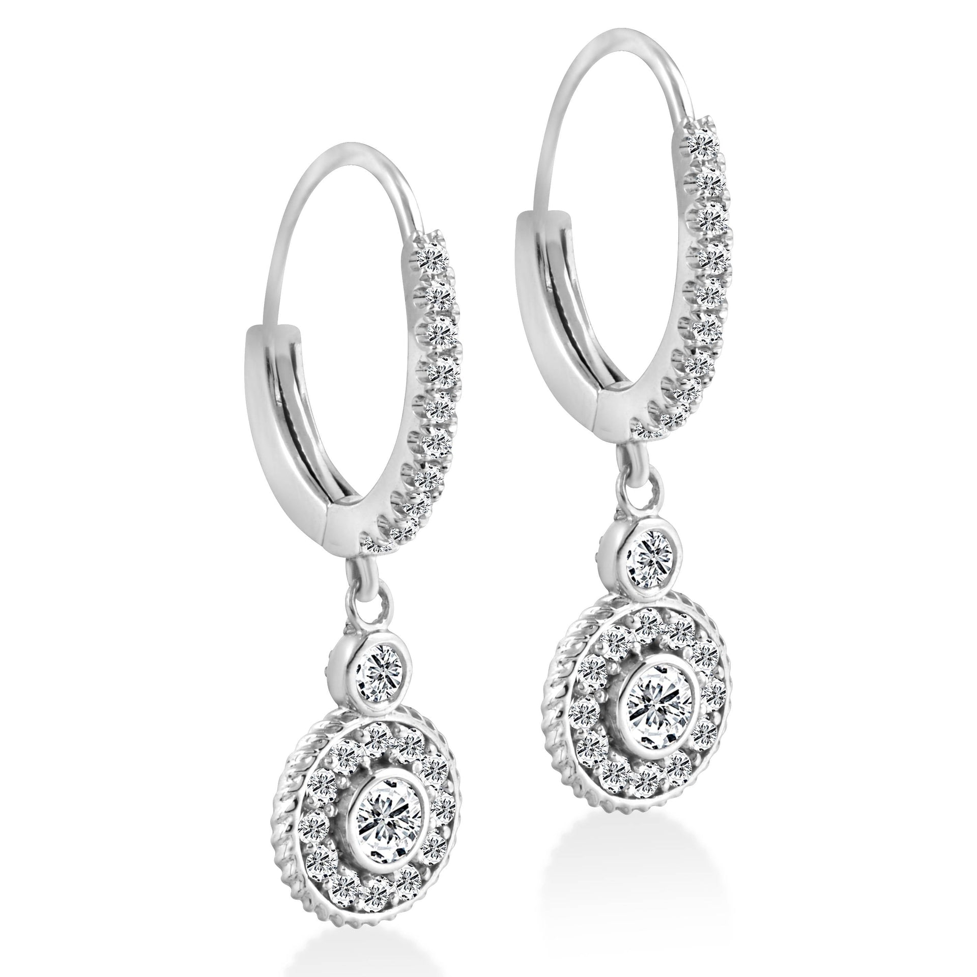 F/G SI 3/4 Dangle Diamond Halo Vintage Hoops 18k White Gold 1' tall