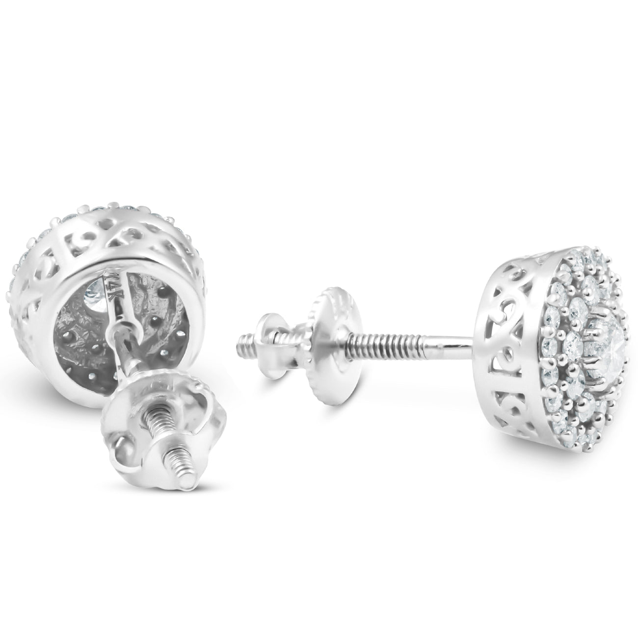 Double Halo Diamond Screw Back Studs 1/2 Carat TW 14K White Gold