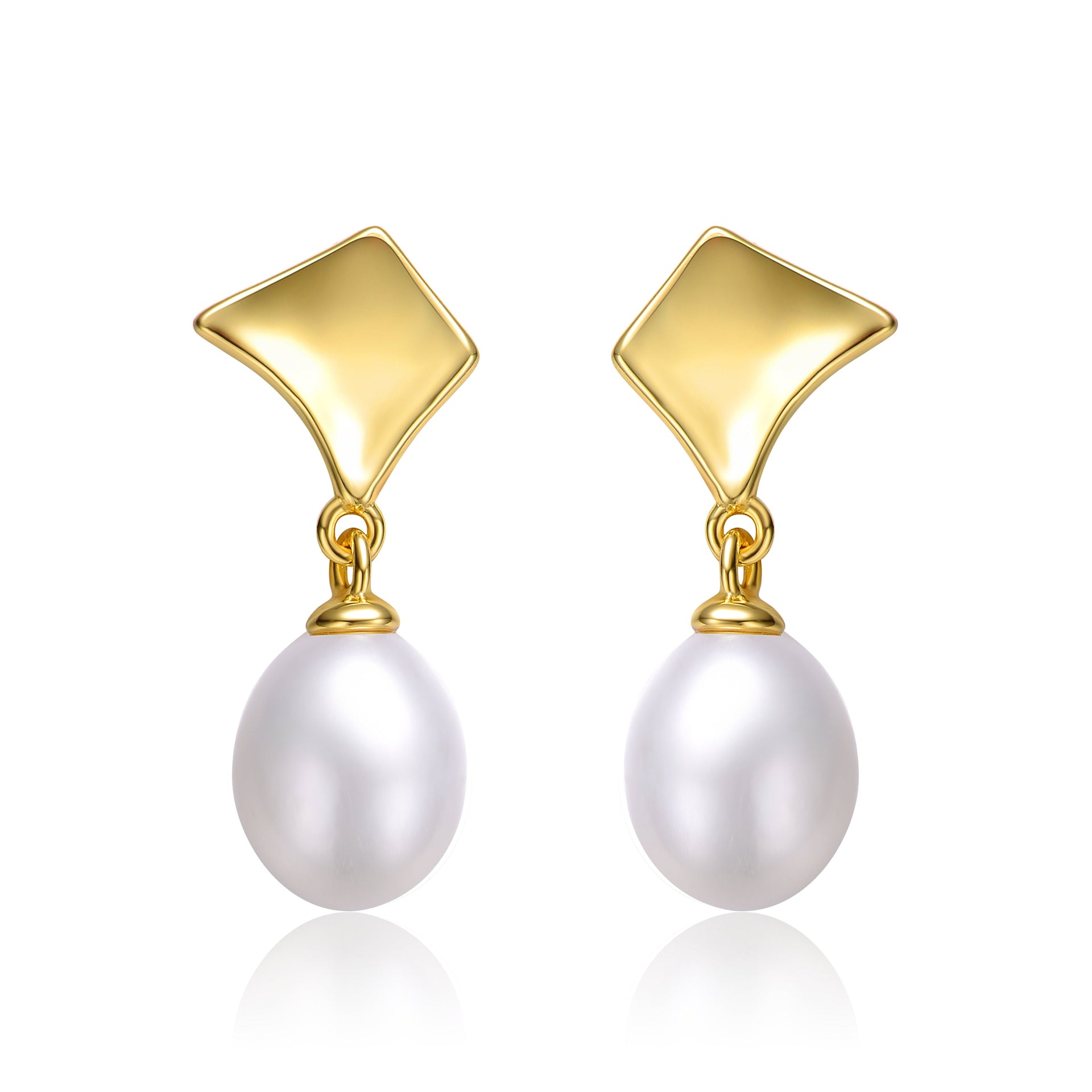 Sterling Silver 14k Yellow Gold Plated with White Pearl & Gold Medallion Coin Double Drop Dangle Earrings