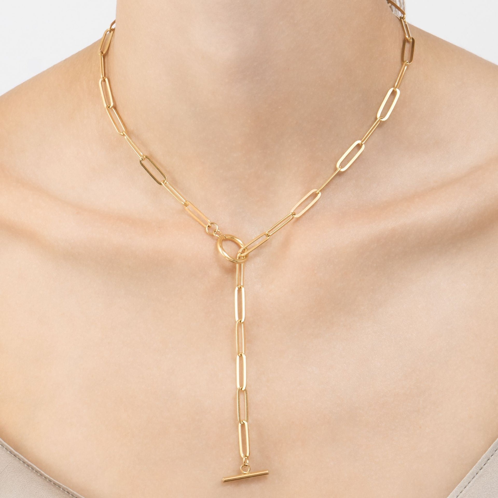 Tarnish Resistant 14k Gold Plated Slide Thru Paper Clip Chain Lariat