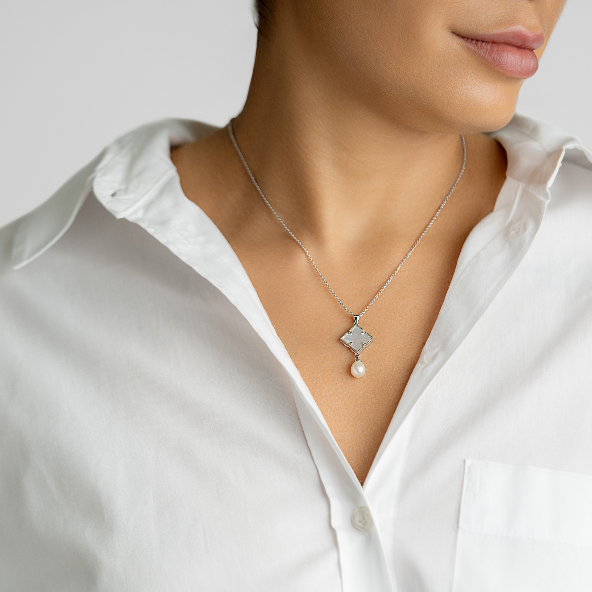 Silver Plated White Mother-of-Pearl Flower With Freshwater Pearl Drop Necklace