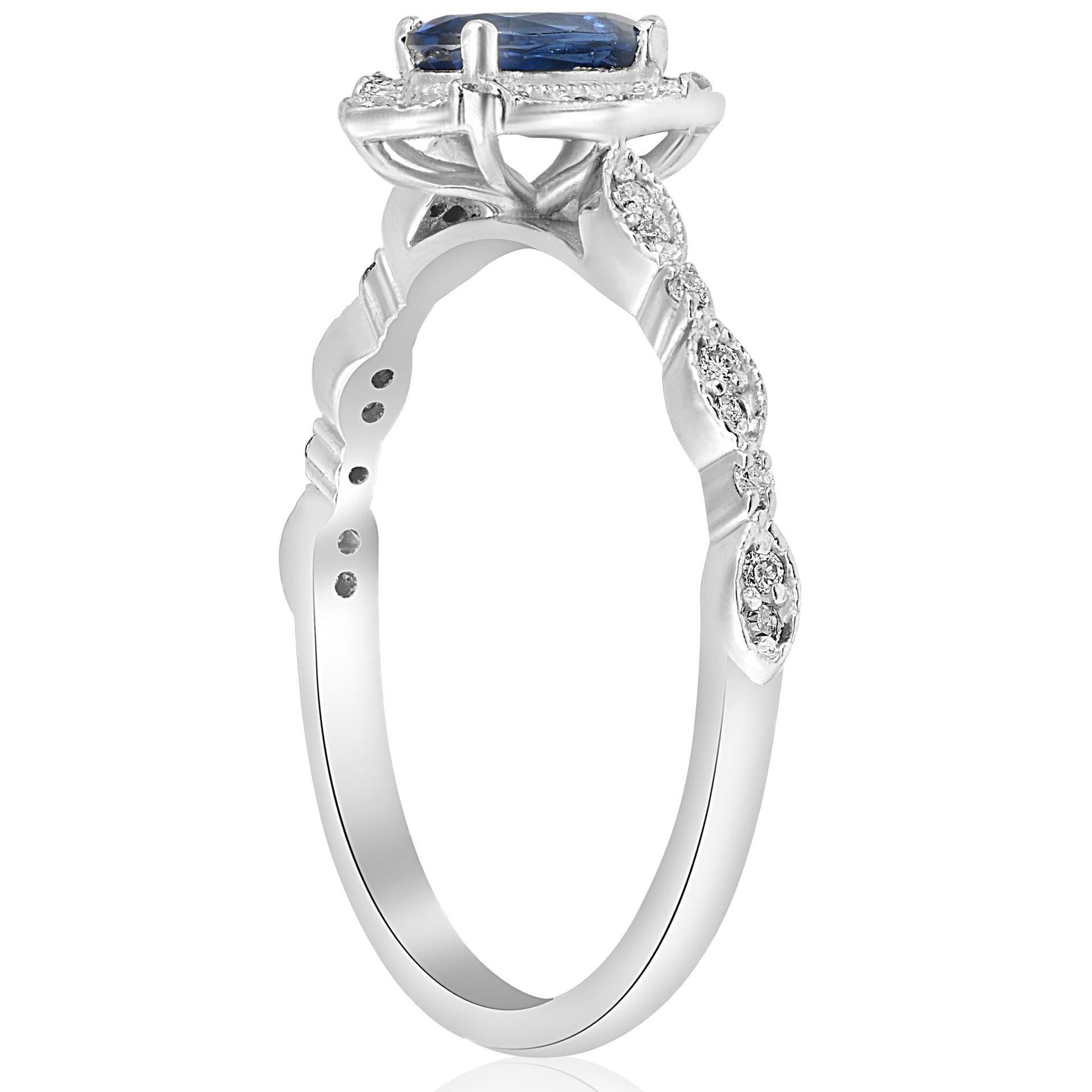 3/4ct Oval Blue Sapphire Diamond Halo Vintage Engagement Ring 14K White Gold