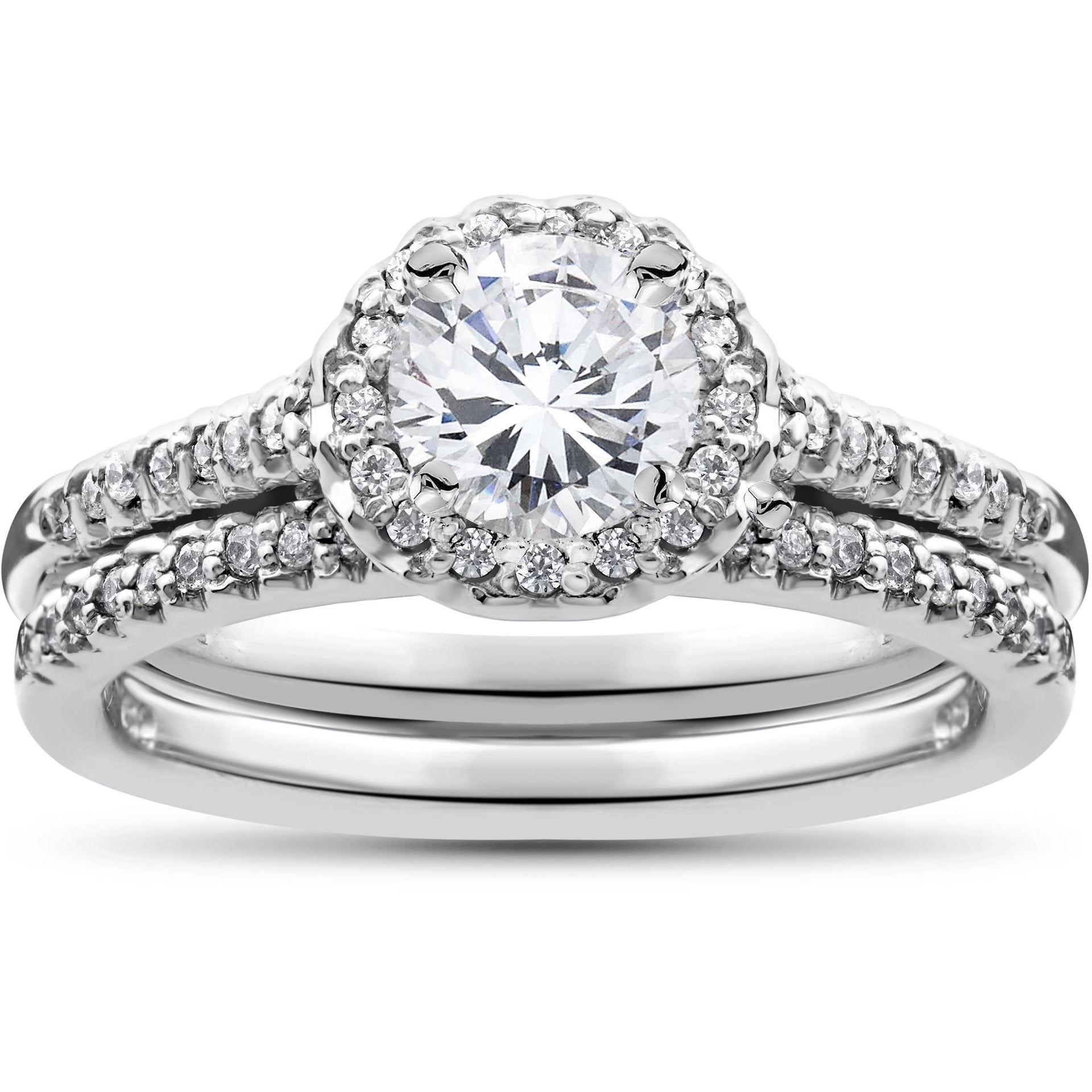 3/4ct Diamond Halo Wedding Engagement Ring Set 10K White Gold