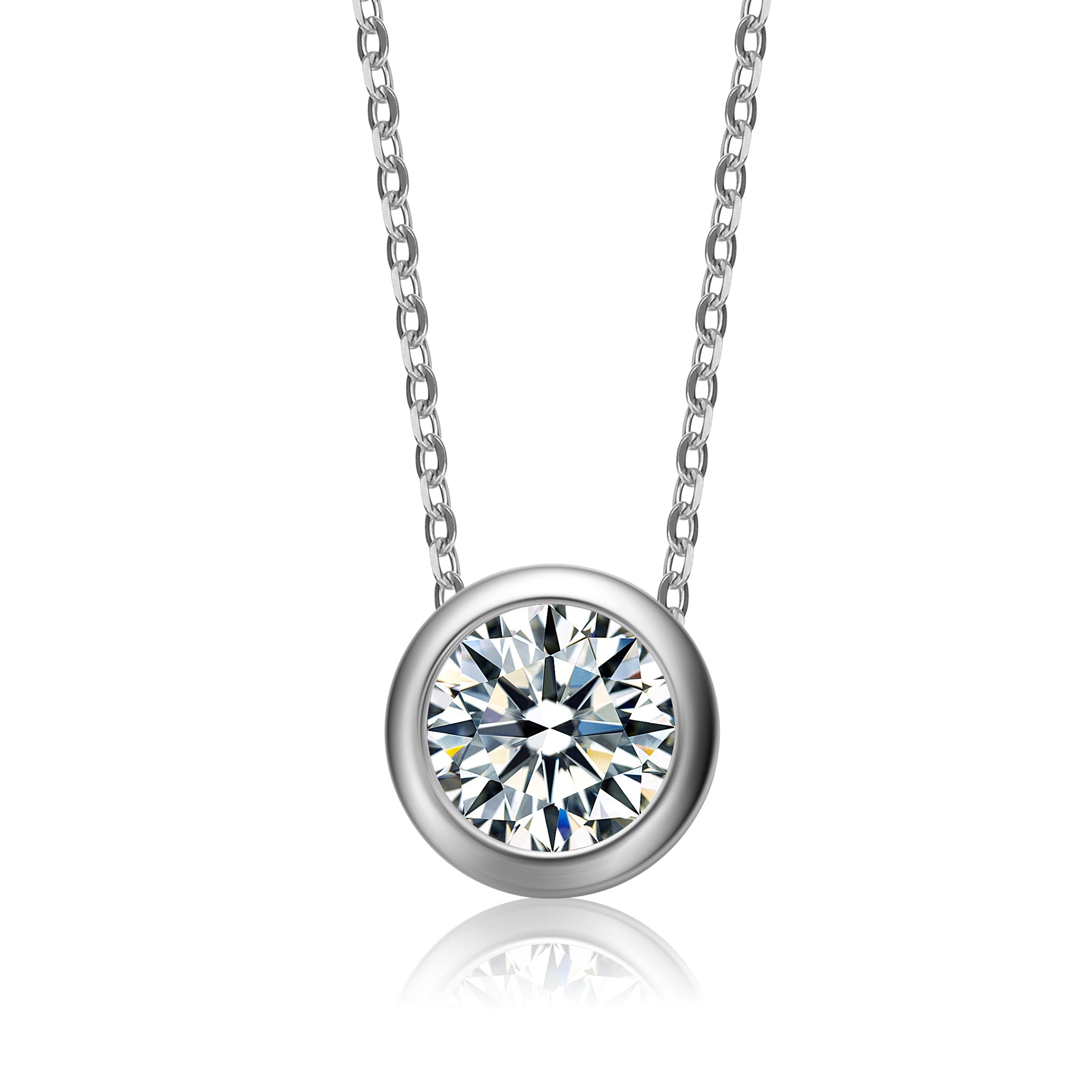 Rg White Gold Plated with Diamond Cubic Zirconia Round Solitaire Bezel Floating Pendant Necklace