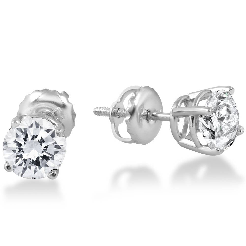 1ct Round Diamond Stud Earrings in 14K White Gold with Screw Backs