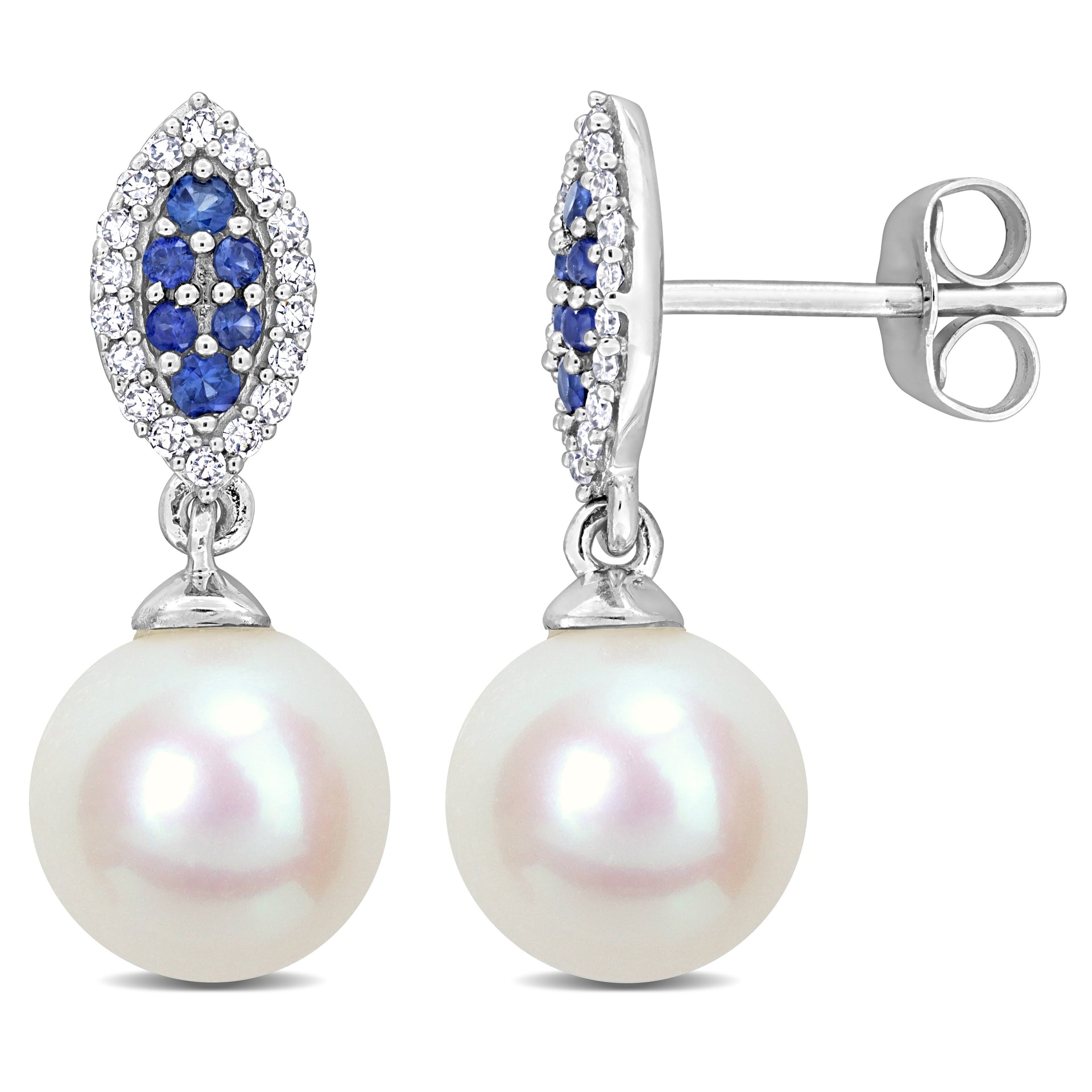 Mimi & Max 8mm Cultured Freshwater Pearl 1/7ct TDW Diamond 1/6ct TGW Sapphire Marquise Earrings 14k White Gold