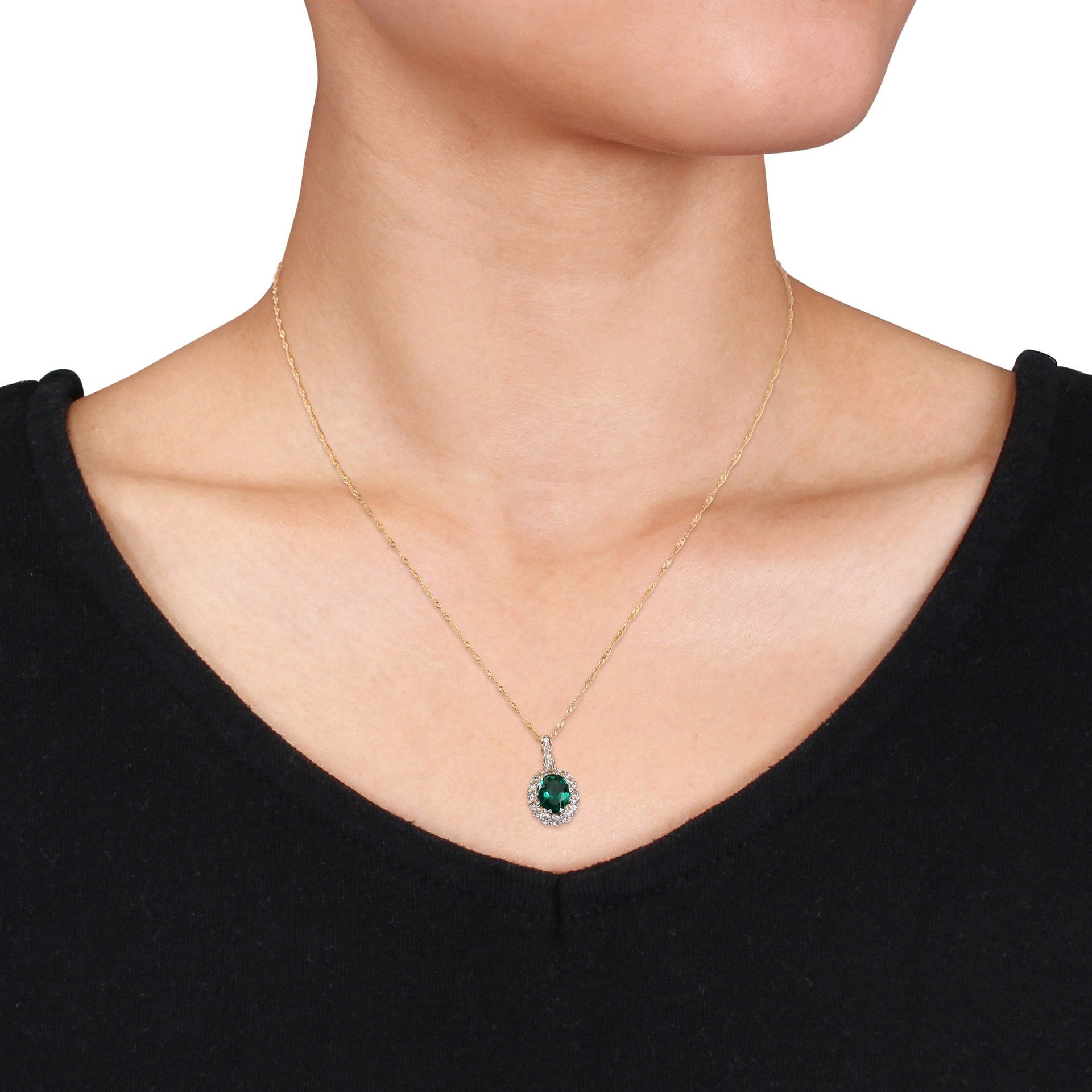 Mimi & Max Women's 1 5/8ct TGW Oval Shape Created Emerald, White Topaz, and Diamond Accent Vintage Pendant with Chain in 14k Yellow Gold