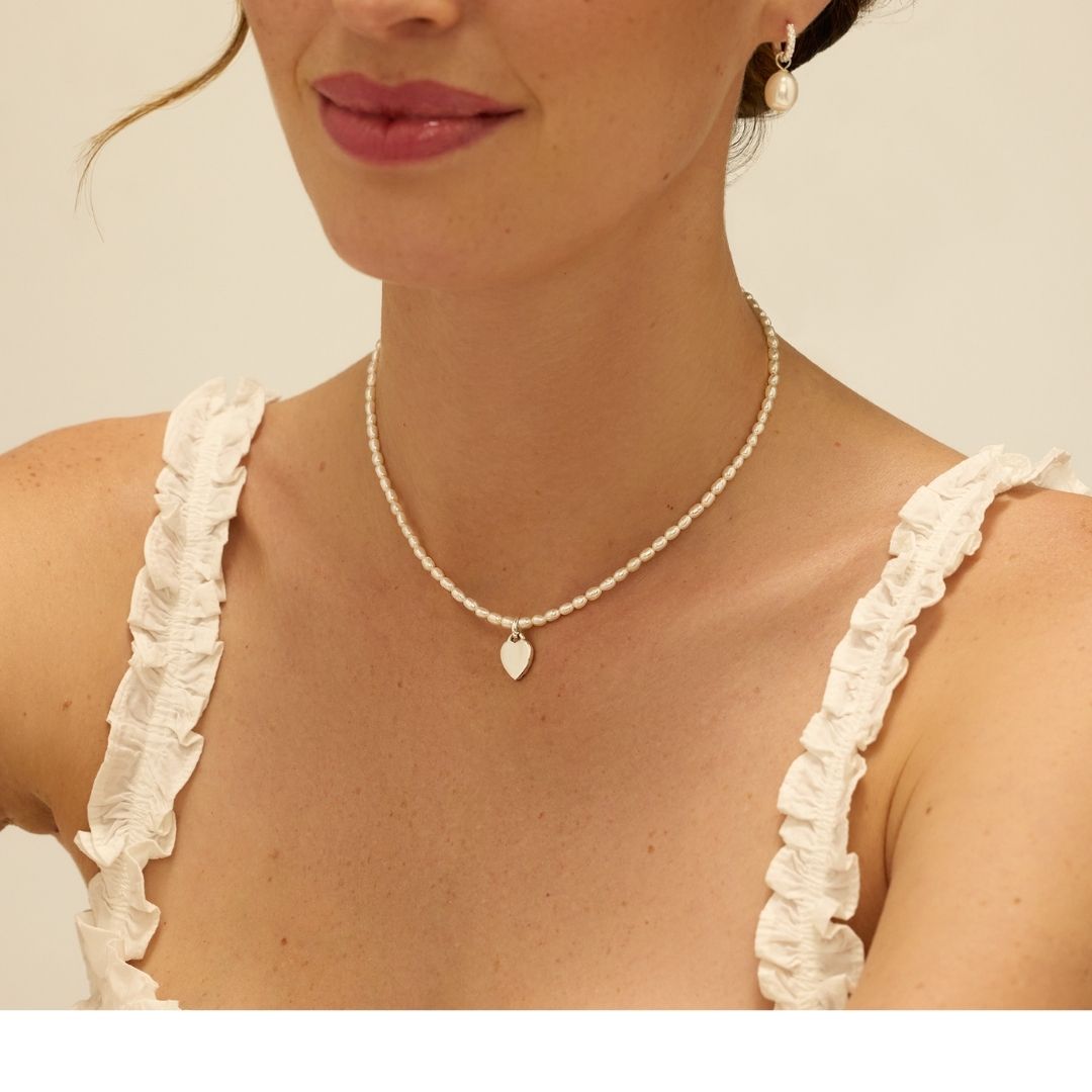 Silver Seed Pearl Engraved Heart Necklace