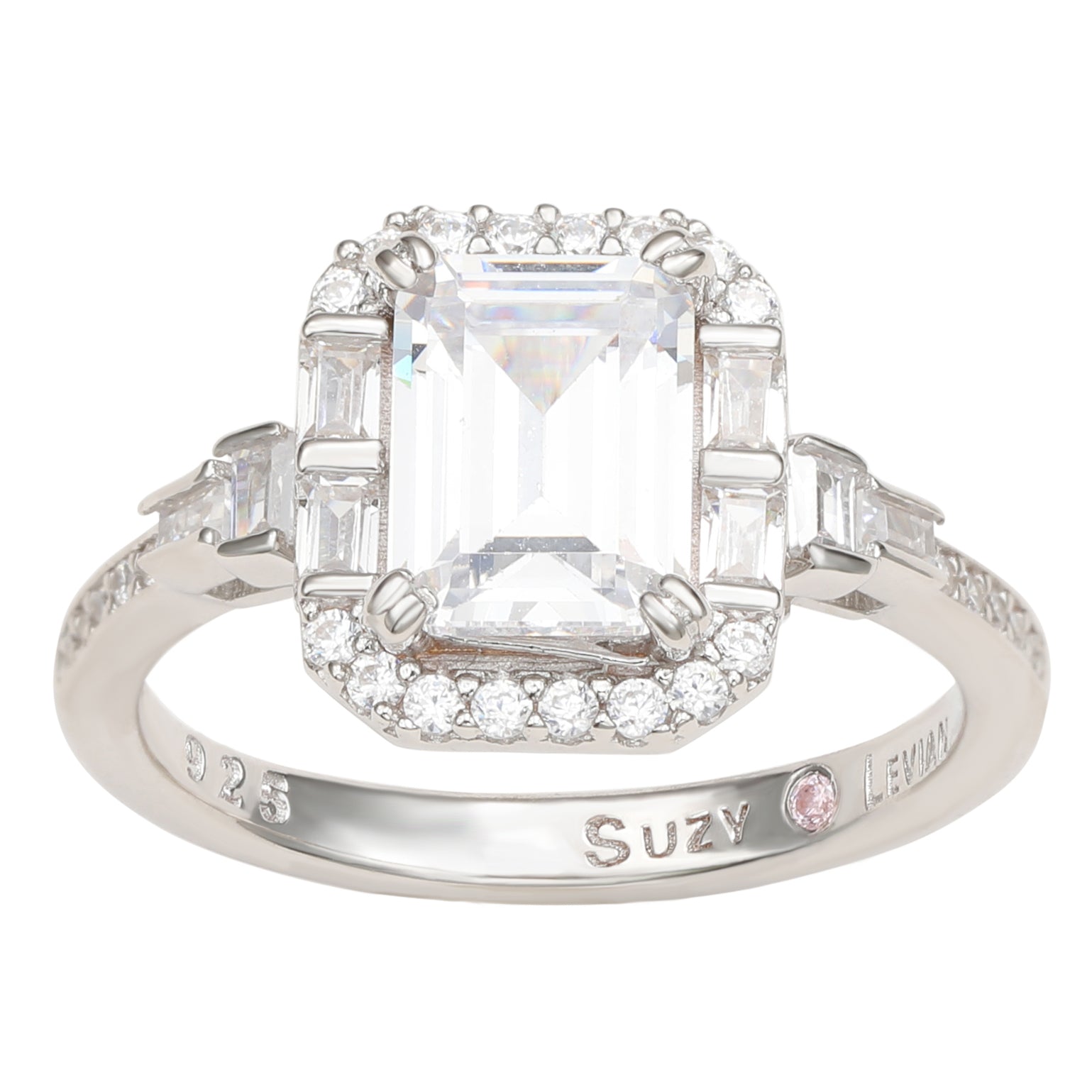 Suzy Levian Sterling Silver Emerald Cut White Cubic Zirconia Engagement Ring