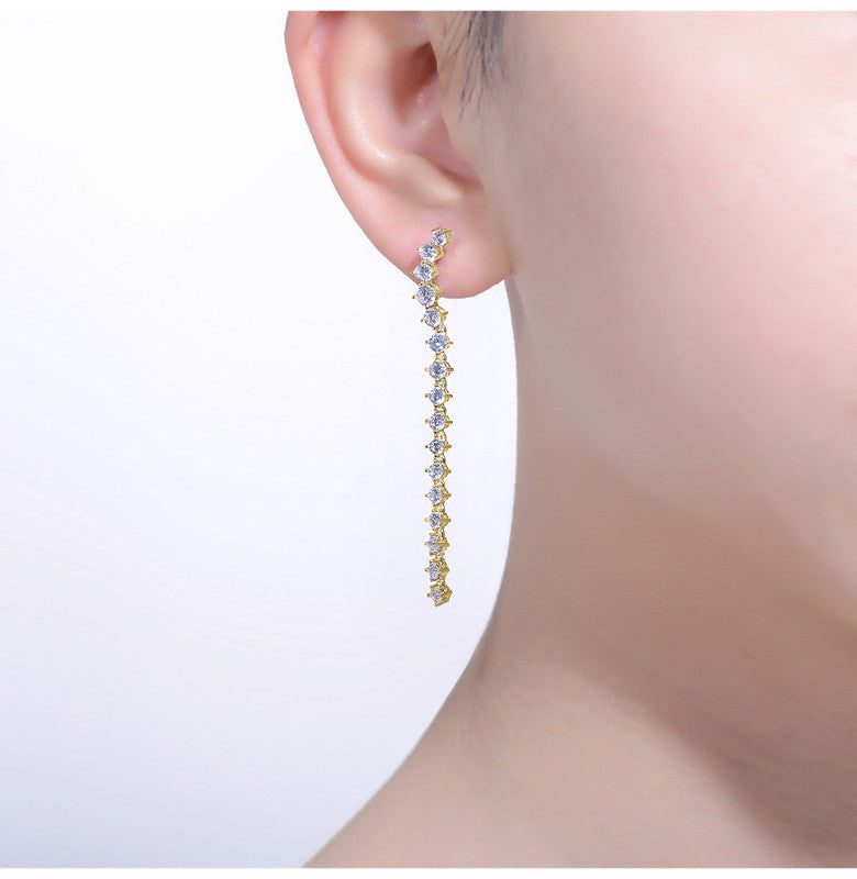 Rhodium-plated With Diamond Cubic Zirconia Waterfall Linear Dangle Earrings In Sterling Silver