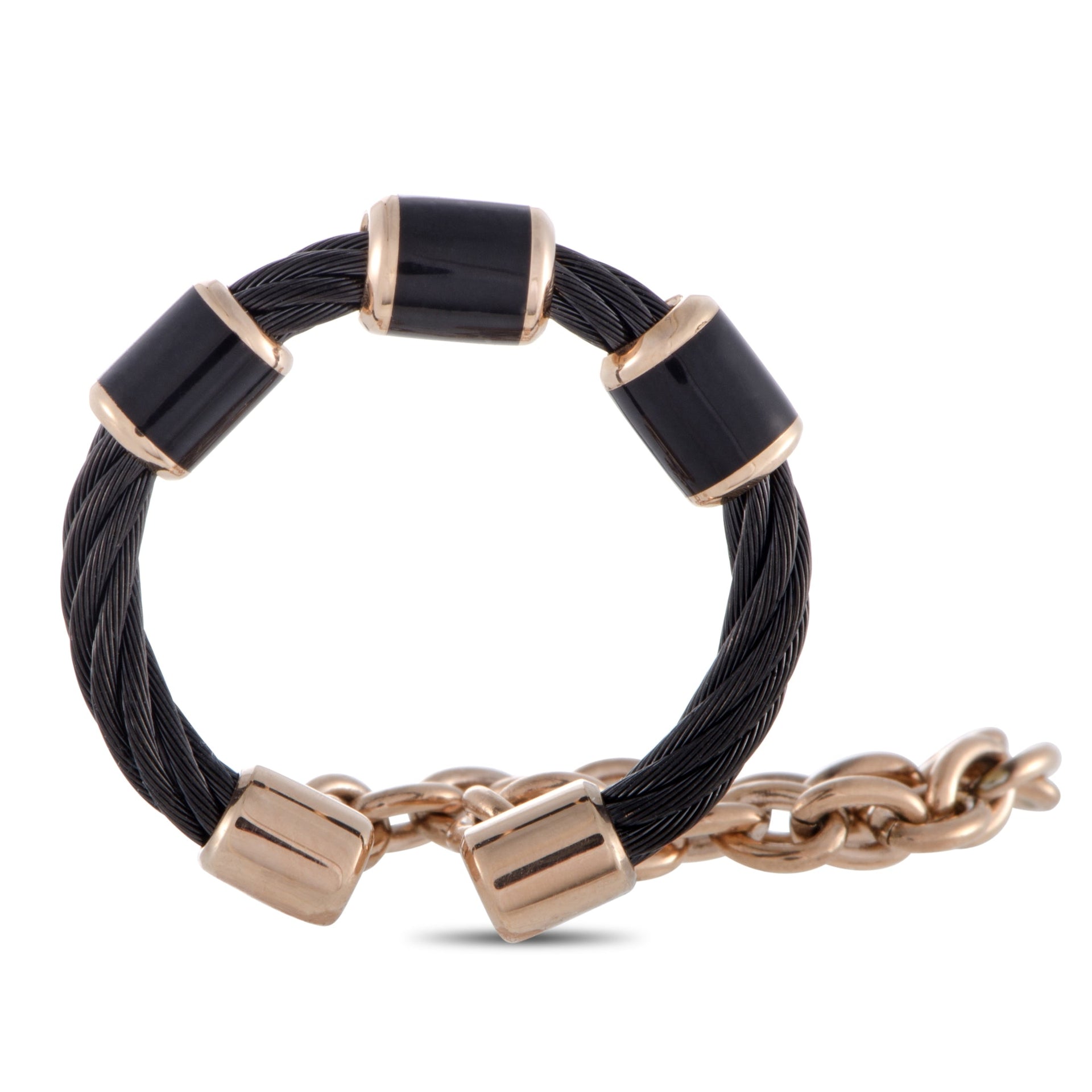 St. Tropez Stainless Steel Pink and Black PVD Black Enamel Cable and Chain Band Ring