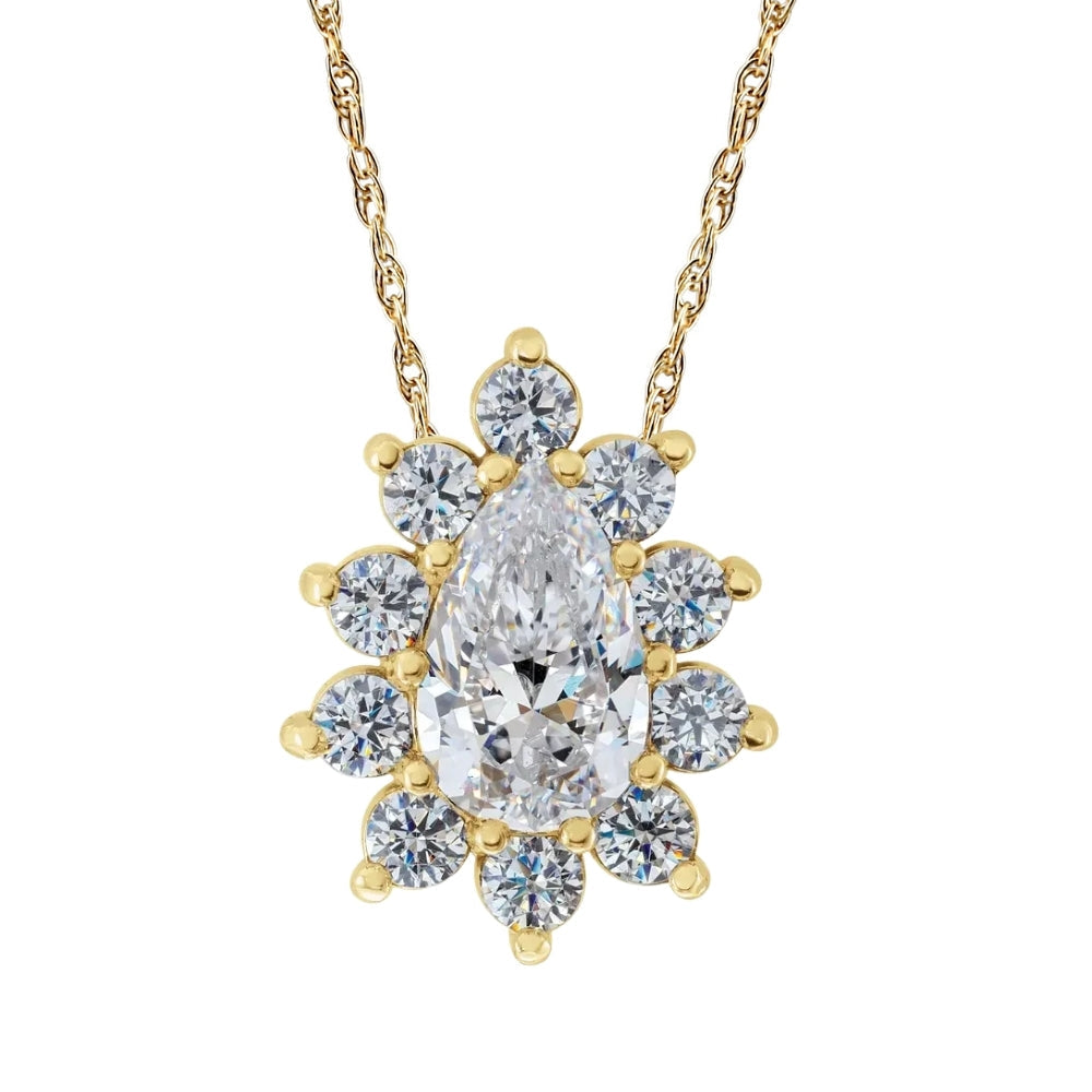 1/2 CT Pear Shaped Halo Lab Grown Diamond Pendant Necklace in White or Yellow Gold