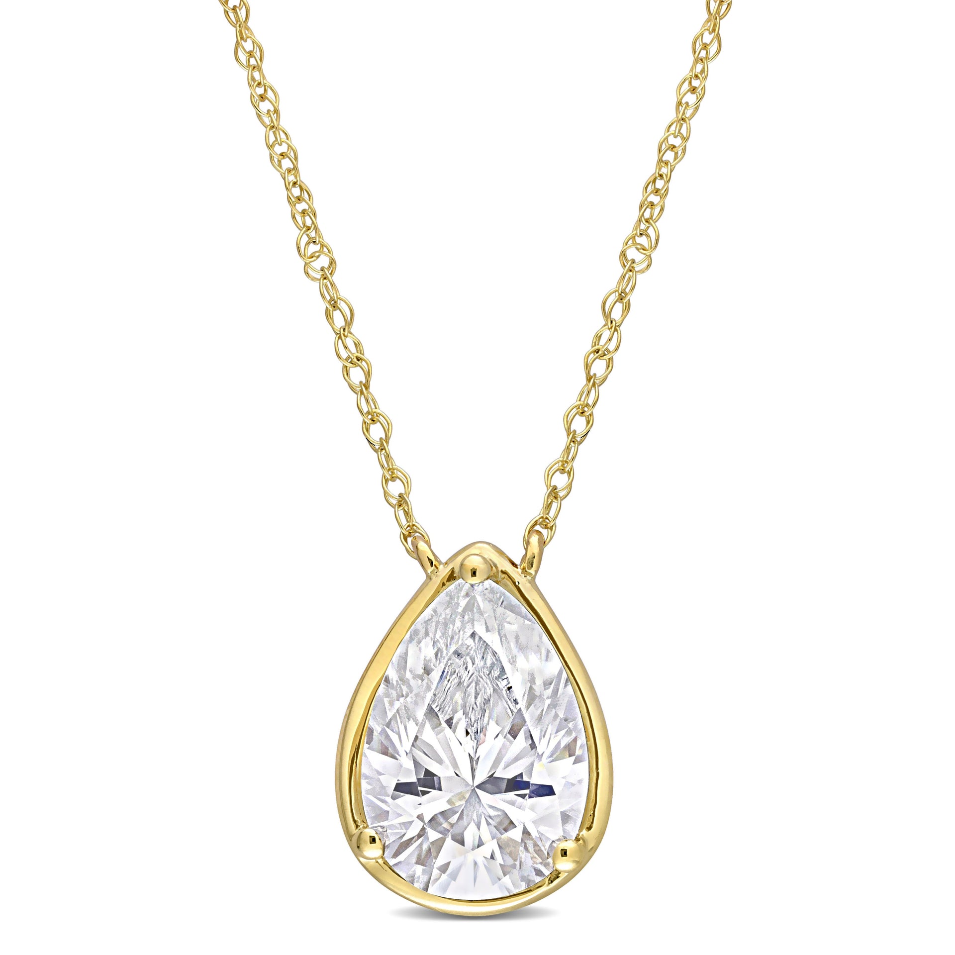 2 CT DEW Created Moissanite Teardrop Pendant with Chain in 10k Yellow Gold