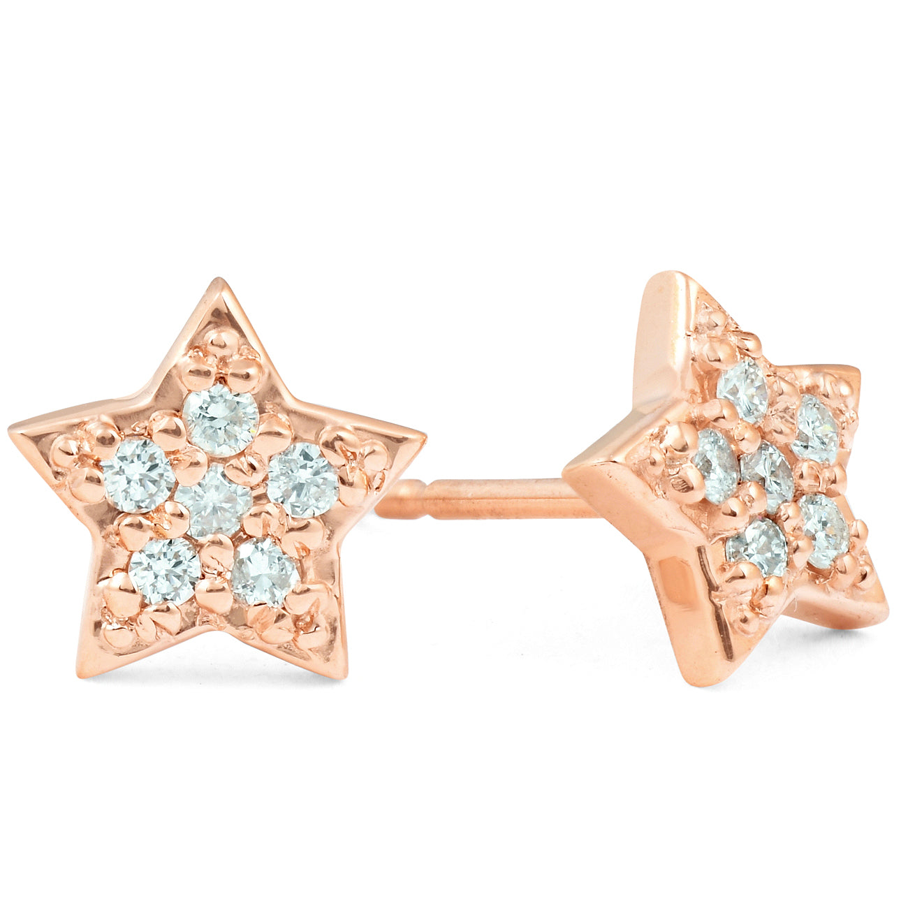 14K Rose Gold Diamond Pave Petite Star Studs Dainty High Polished 6.5MM